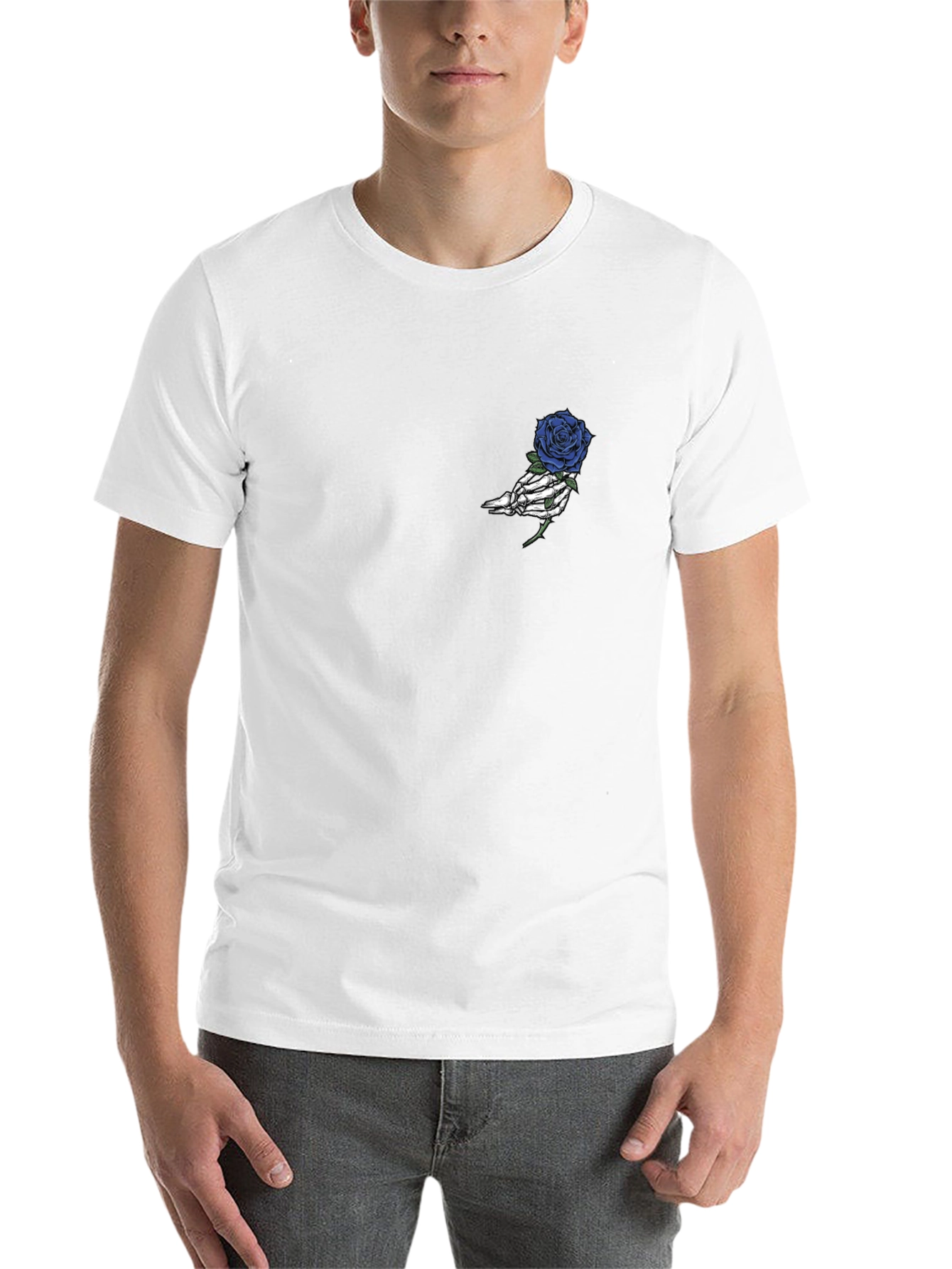 Black Black T-Shirt with Skeleton Hand Holding a Rose view 14