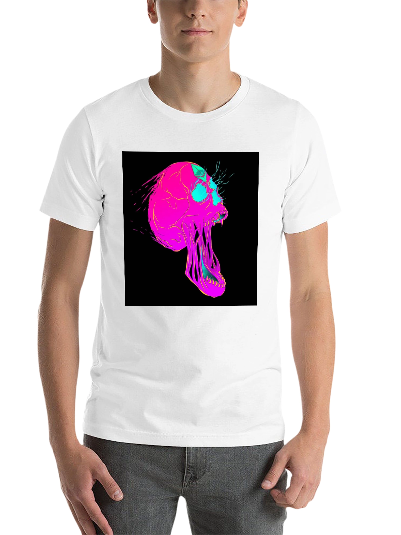 Black Vaporwave Skull Graphic Tee - Black Cotton T-Shirt view 14