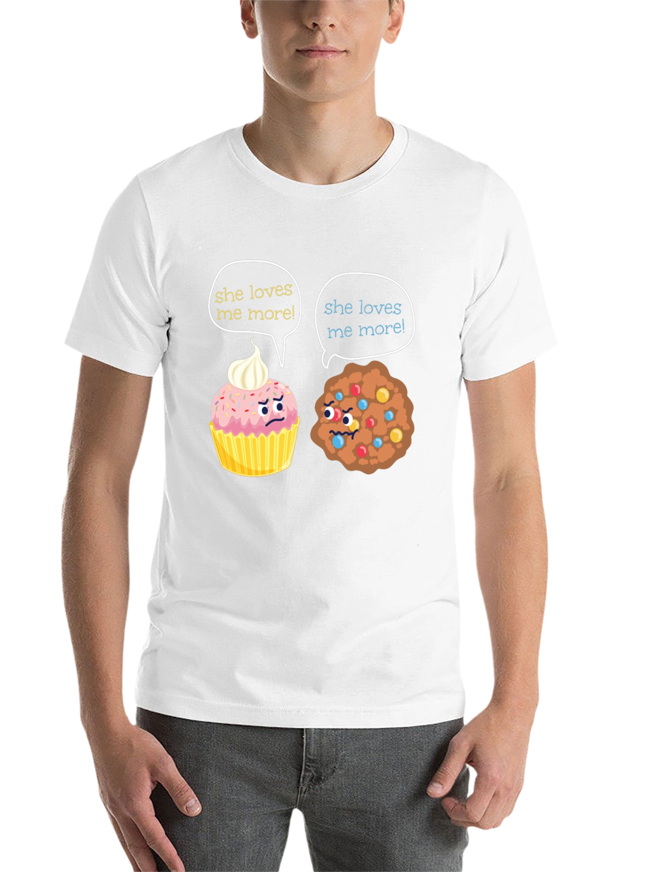 Black Funny She Loves Me More Cupcake vs Cookie T-Shirt view 14