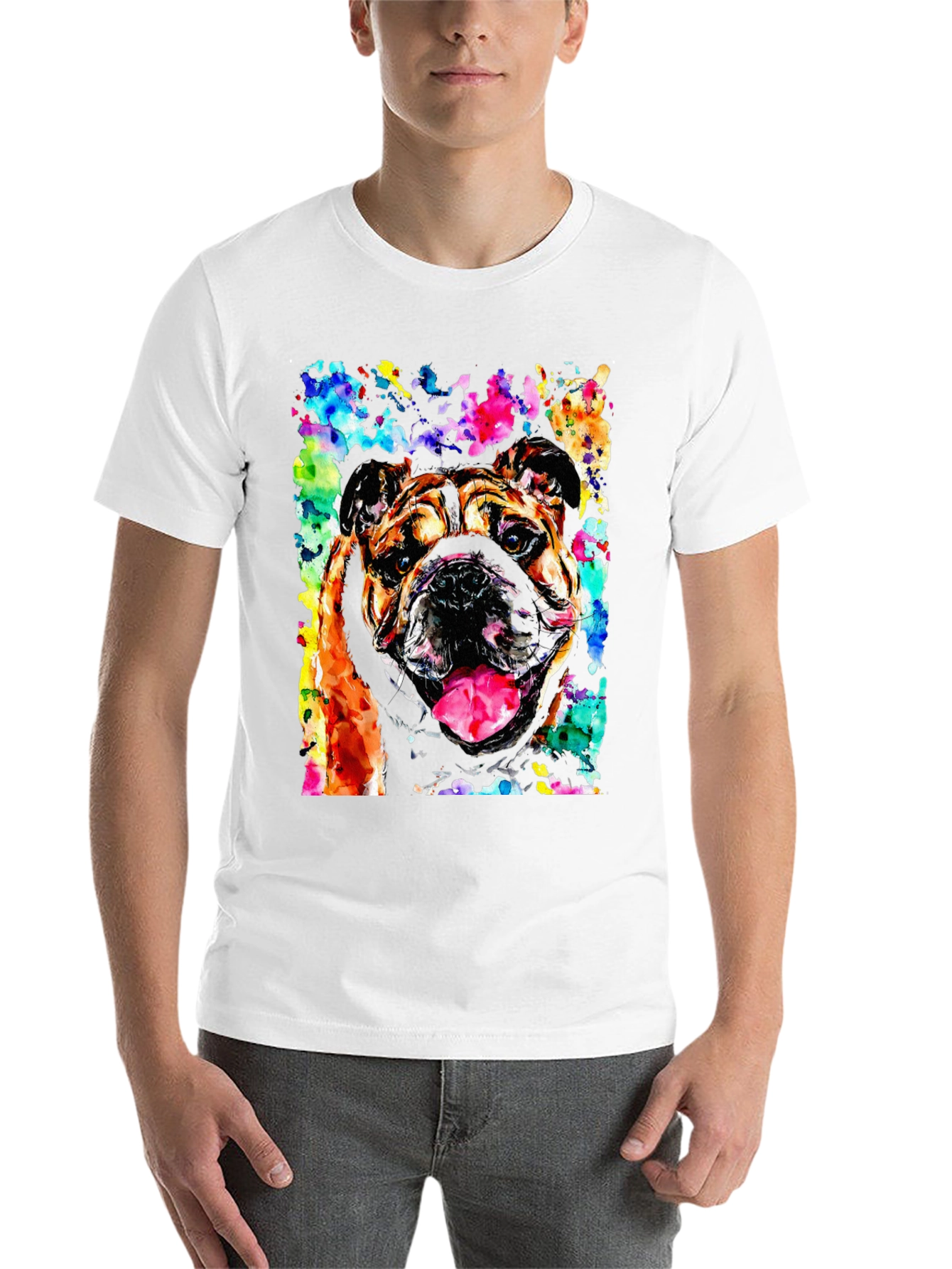 Black Bulldog Watercolor Men's Black T-Shirt view 14