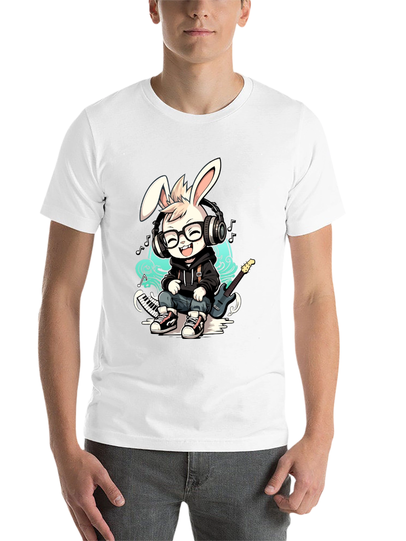 Black Cool Bunny Musician T-Shirt view 14