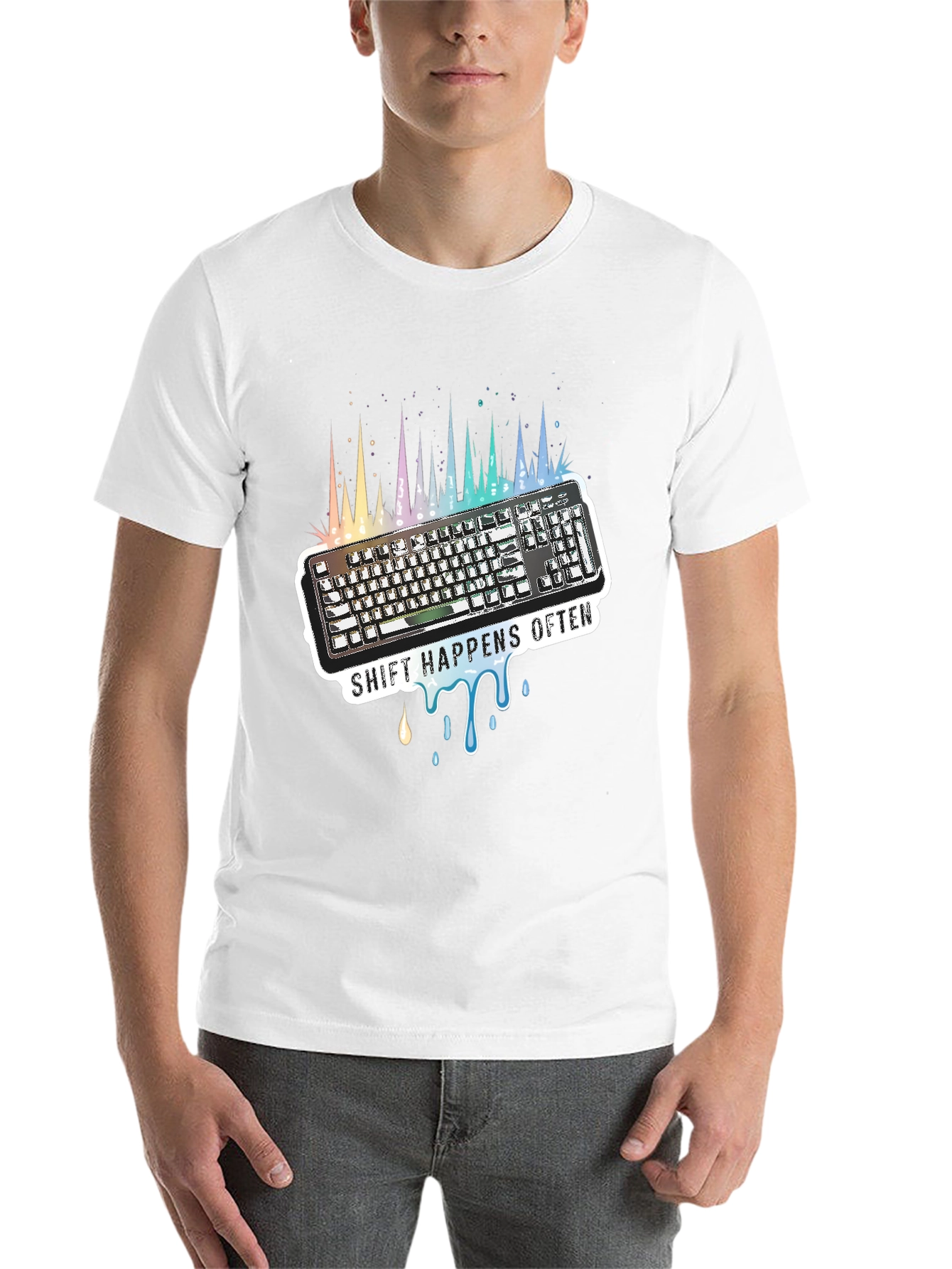 Black Shift Happens Often Keyboard T-Shirt view 14