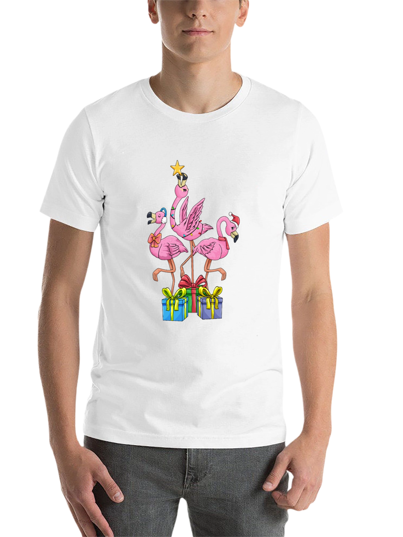 Black Festive Flamingo Christmas T-Shirt view 14