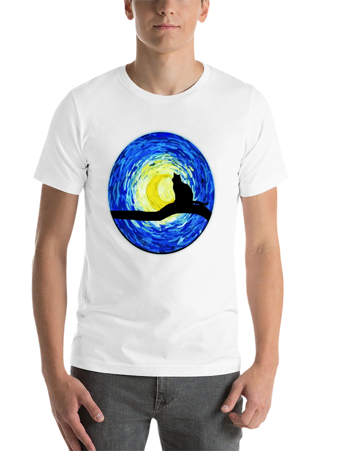 Black Starry Night Cat T-Shirt - Artistic Graphic Tee view 14