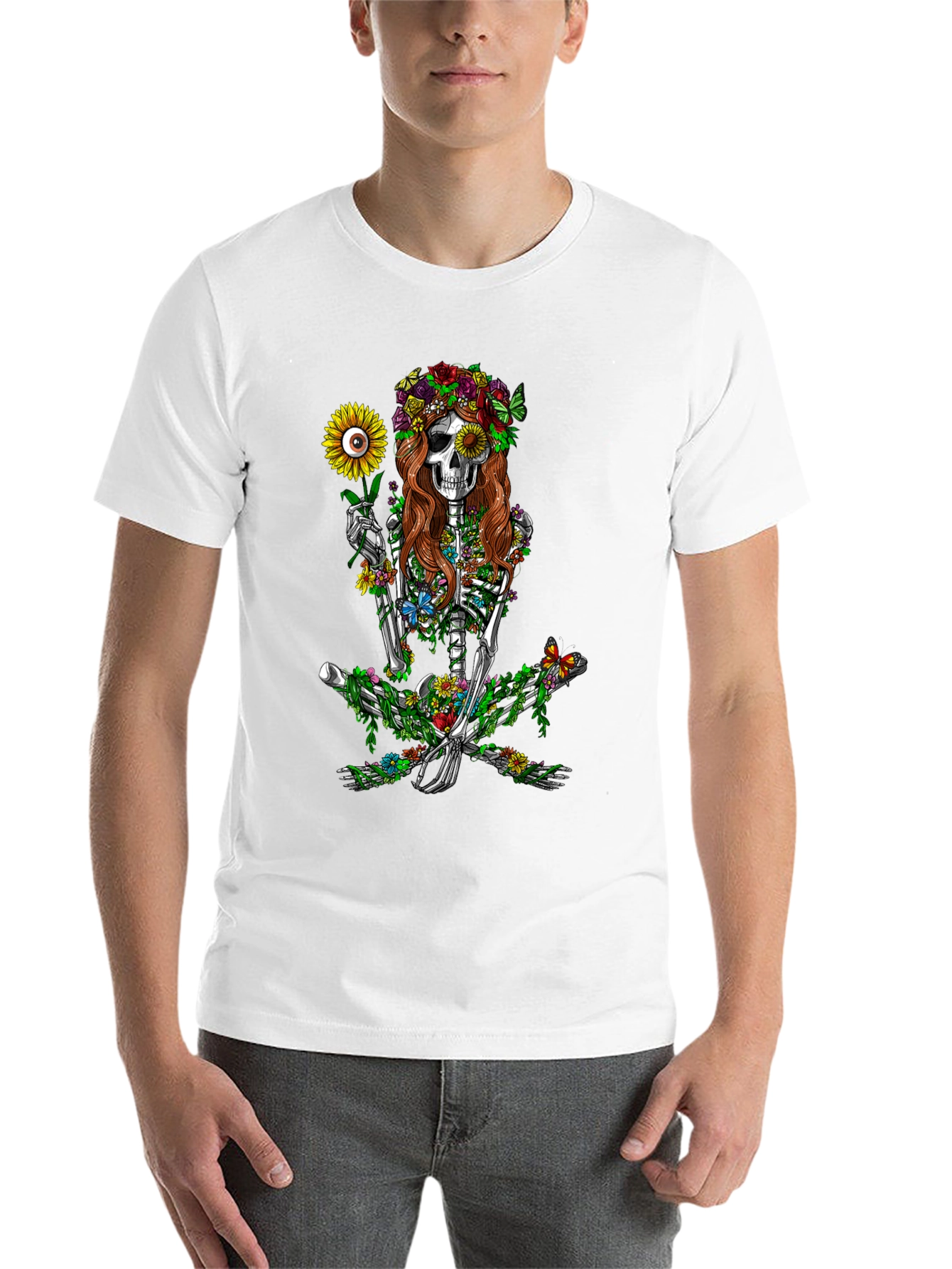 Black Floral Skeleton Graphic T-Shirt - Unisex Black Tee view 14