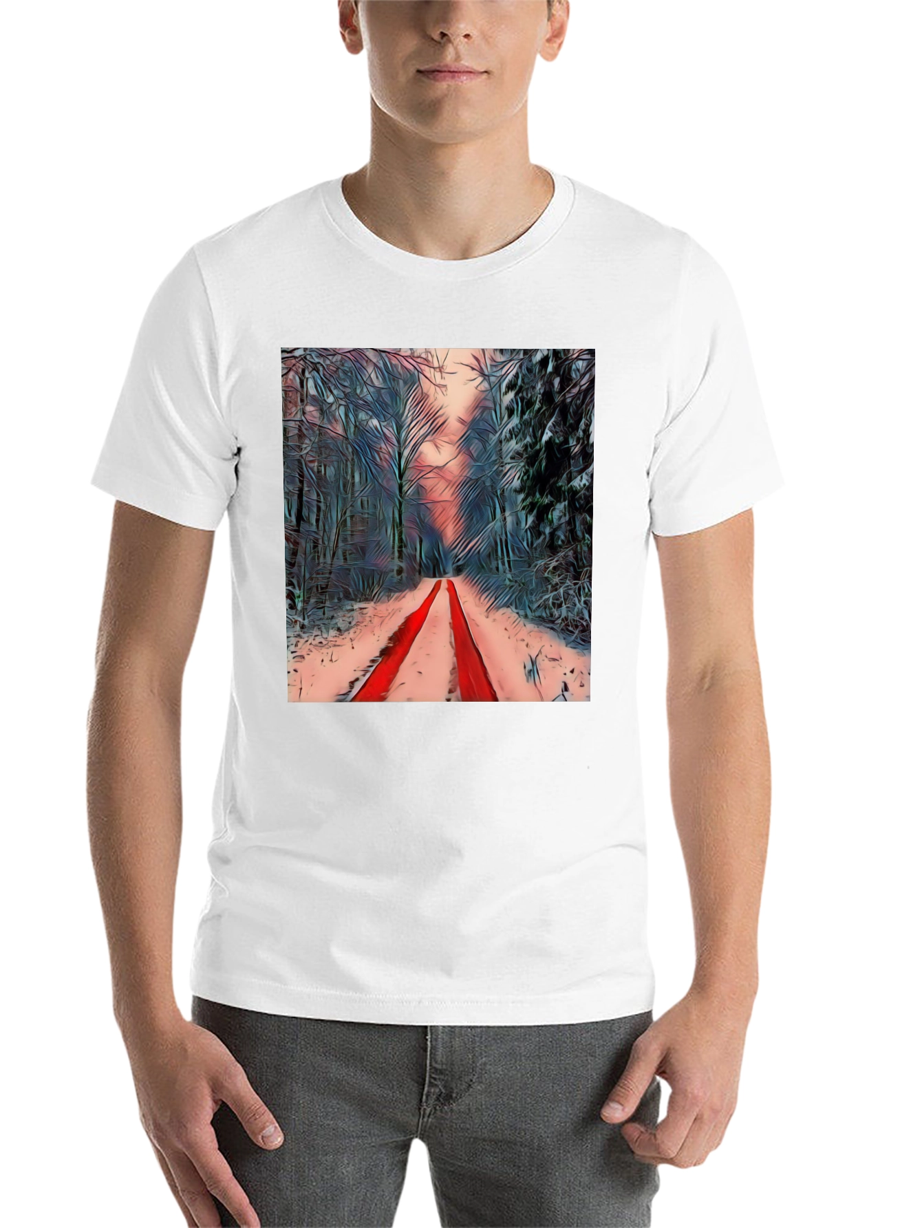 Black Winter Forest Red Path Black T-Shirt view 14