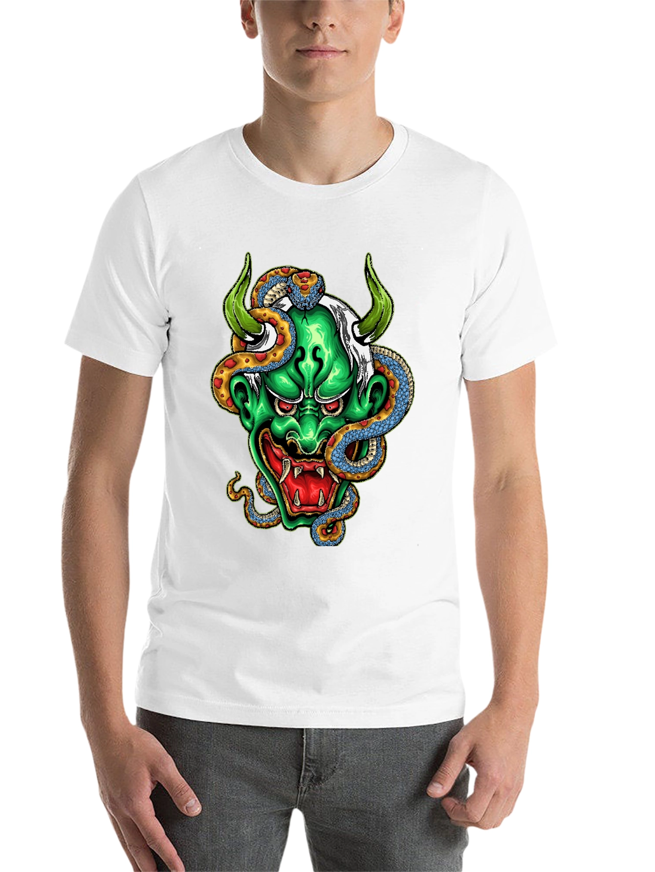 Black Men's Graphic Tee - Oni Mask & Snake view 14