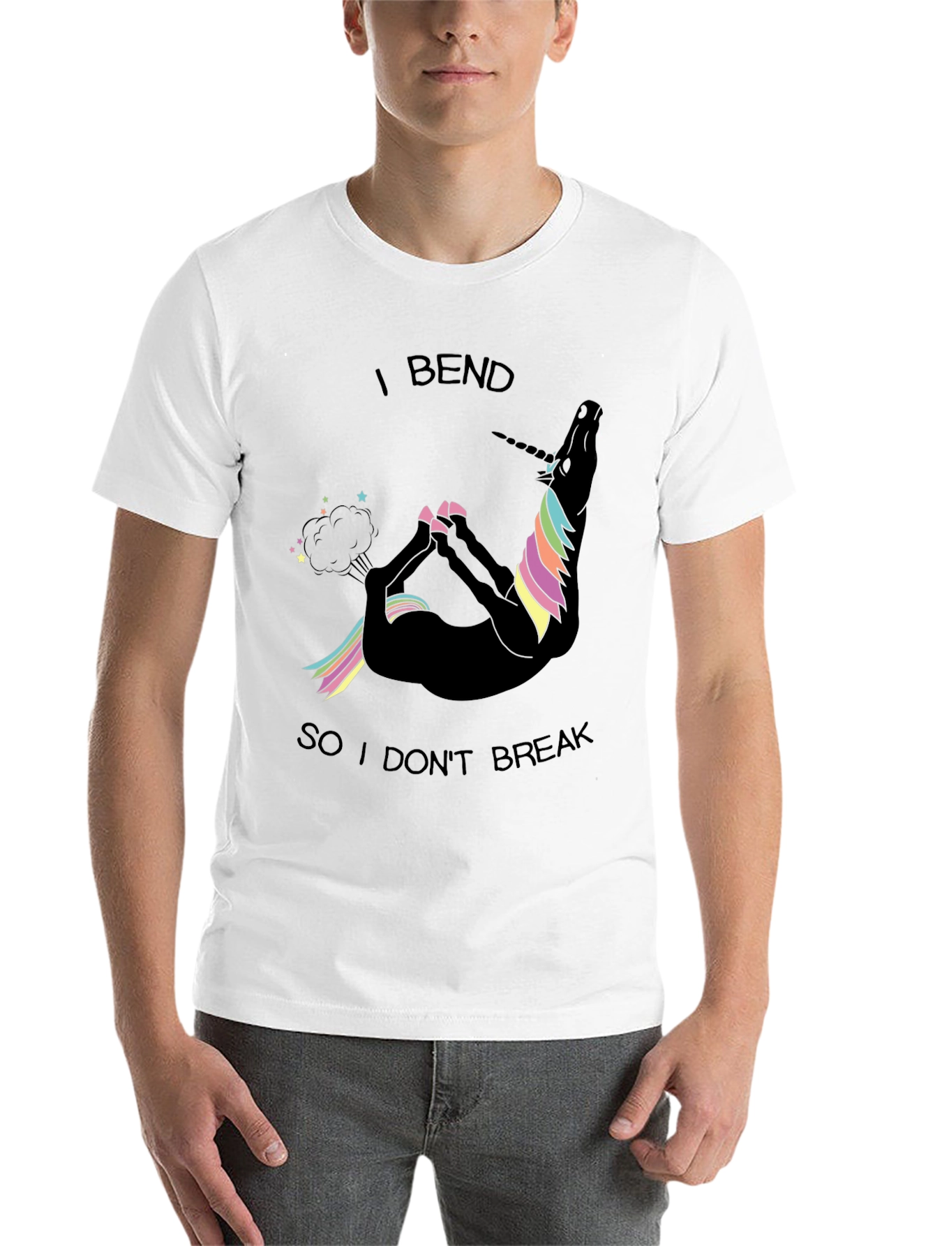 Black Funny Unicorn Yoga T-Shirt - I Bend So I Don't Break view 14