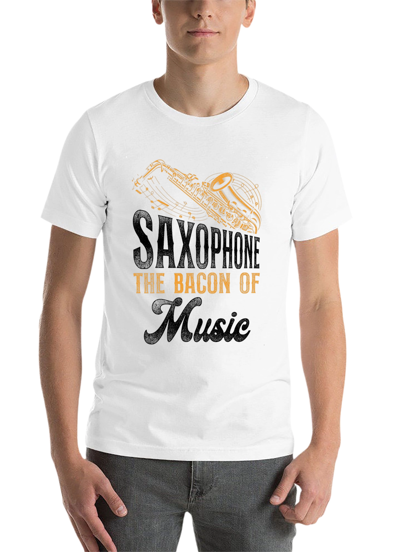 Black Saxophone Bacon of Music T-Shirt view 14