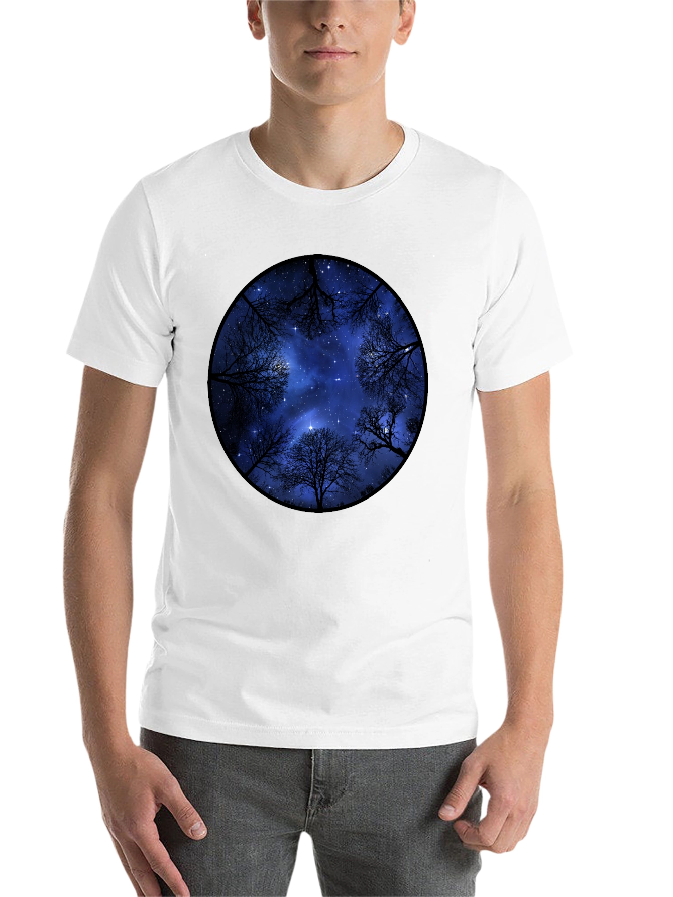 Black Starry Sky Trees Graphic Tee - Black Cotton Blend view 14