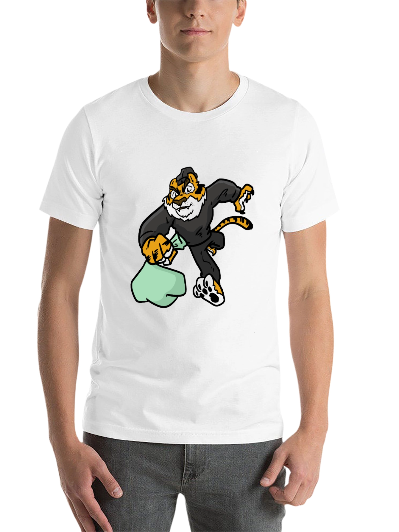 Black Cartoon Tiger Thief Graphic Tee - Black Cotton T-Shirt view 14