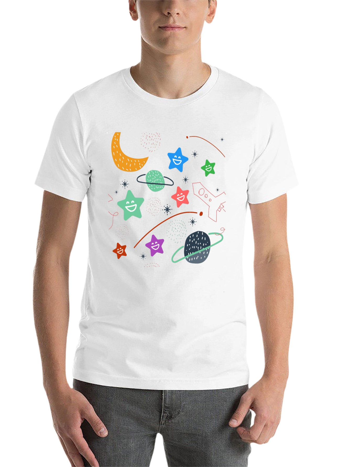 Black Cosmic Smiles Black T-Shirt: Stars, Planets, Rocket Fun! view 14