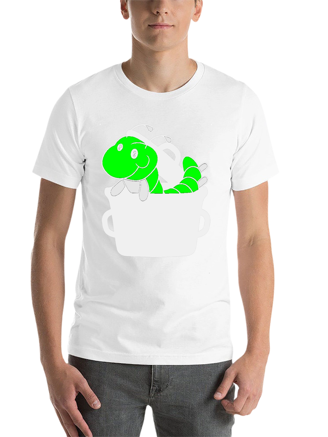 Black Funny Green Worm in Mug Graphic Tee view 14