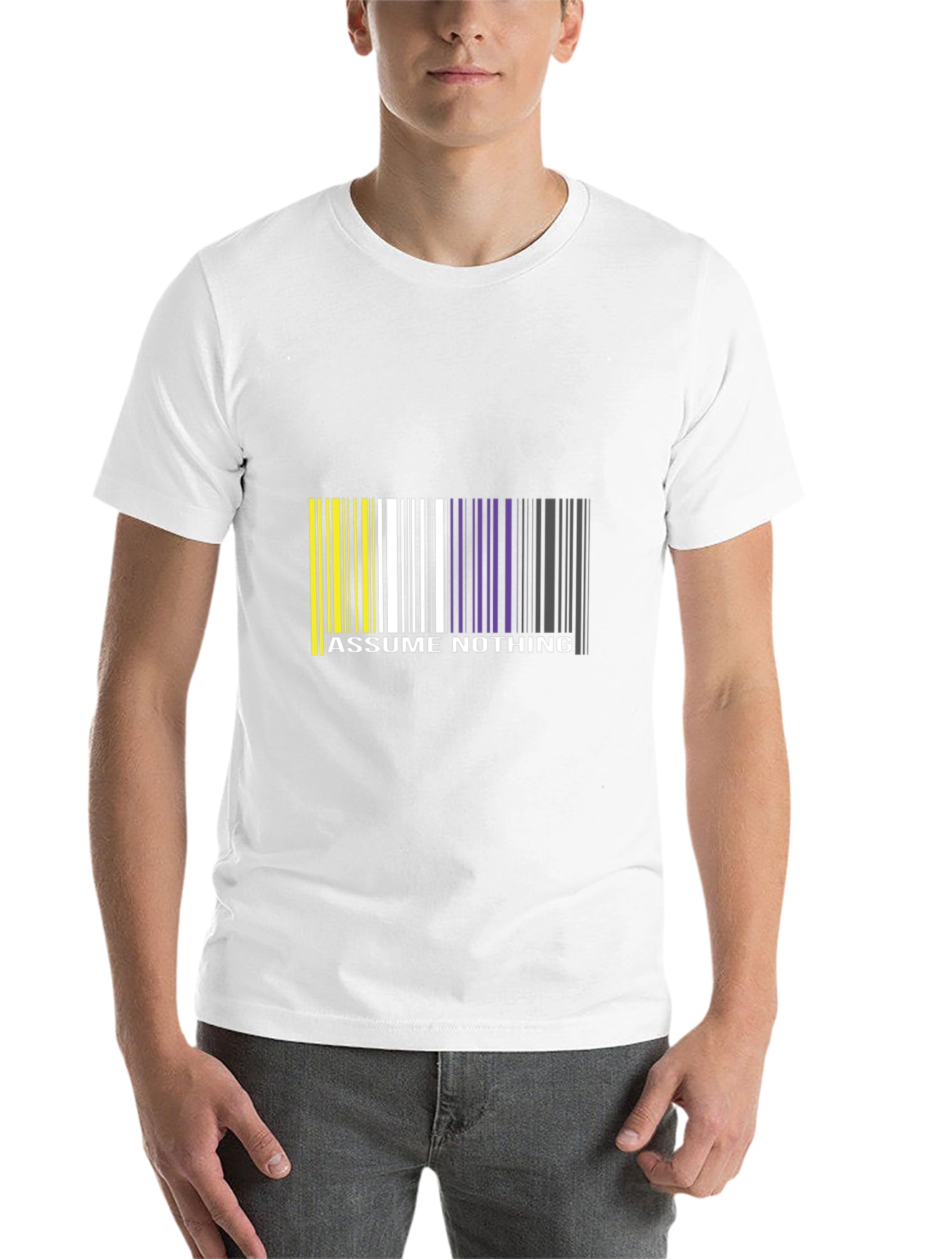 Black Assume Nothing Barcode T-Shirt - Unique Graphic Tee view 14
