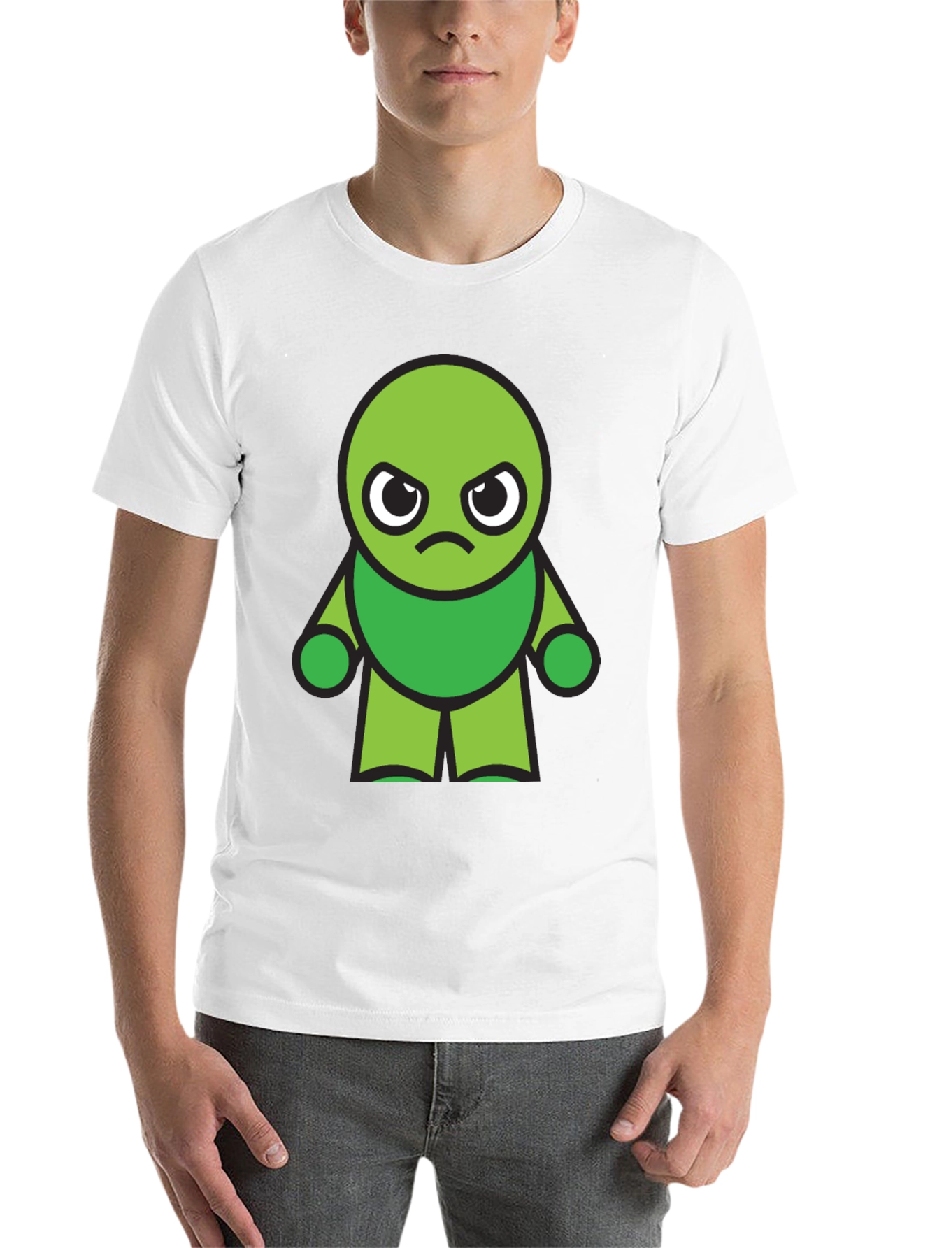 Black Grumpy Green Cartoon Character Black T-Shirt view 14