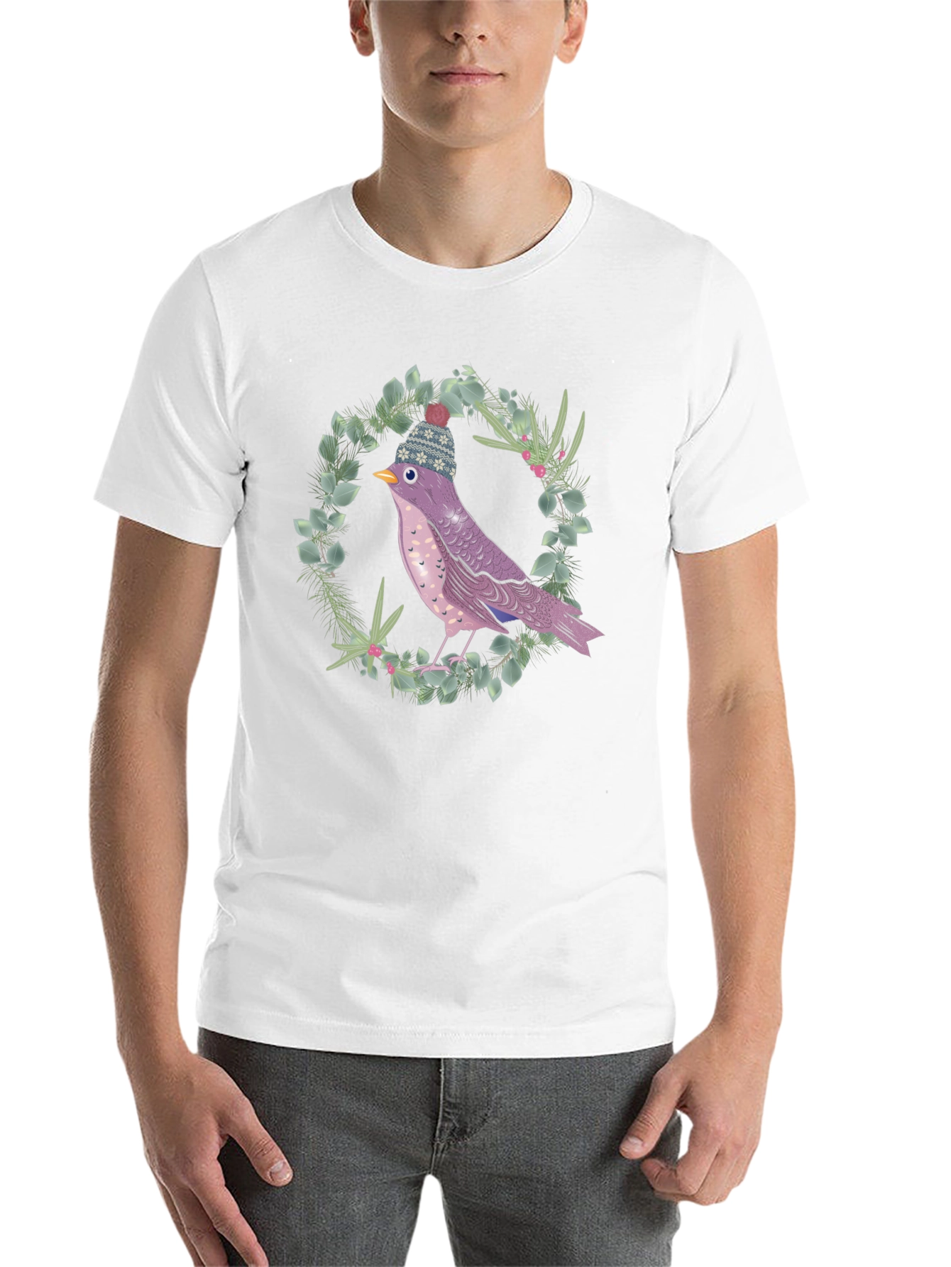Black Whimsical Bird in Winter Hat T-Shirt view 14