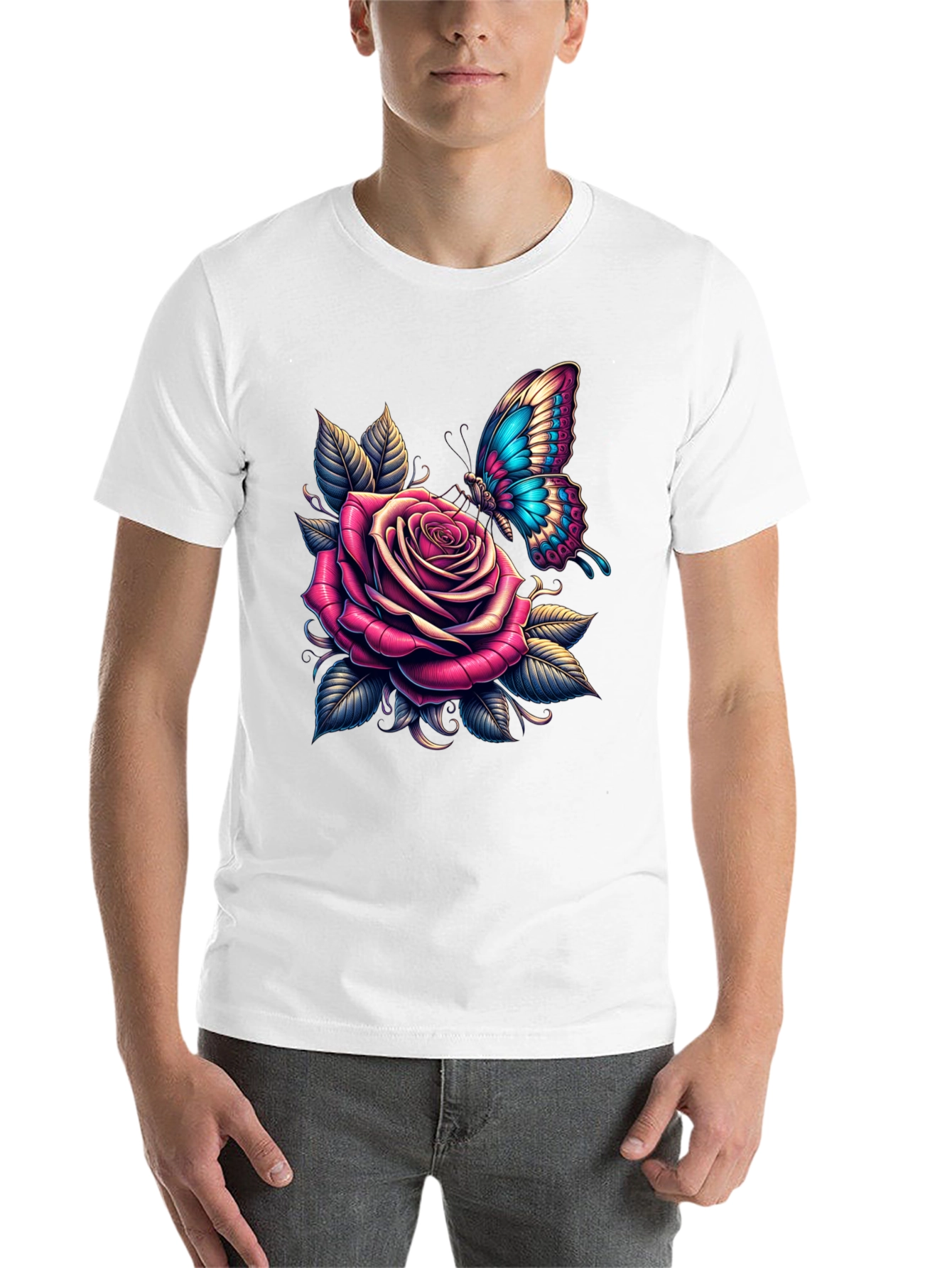 Black Rose & Butterfly Graphic Tee - Stylish Black T-Shirt view 14