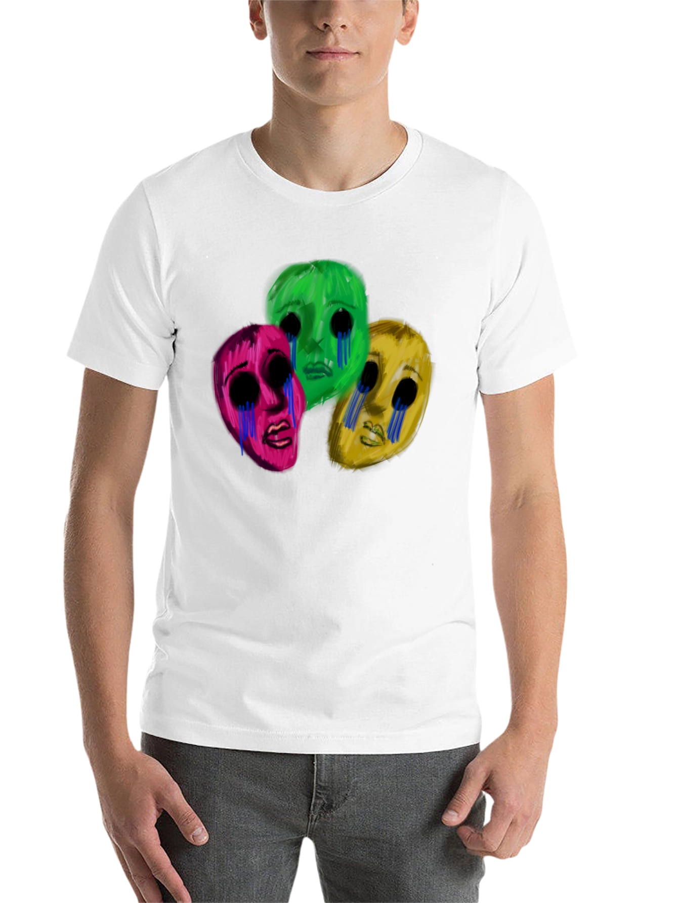 Black Men's Black T-Shirt with Three Crying Faces view 14
