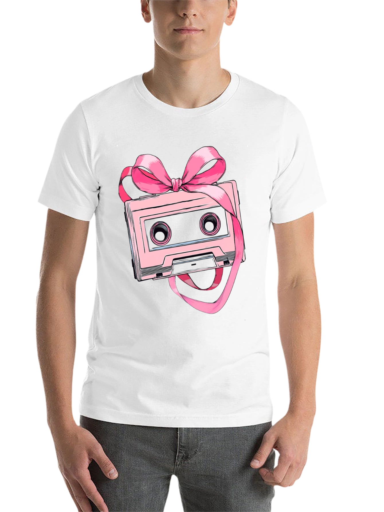 Black Retro Cassette Tape Pink Bow T-Shirt view 14