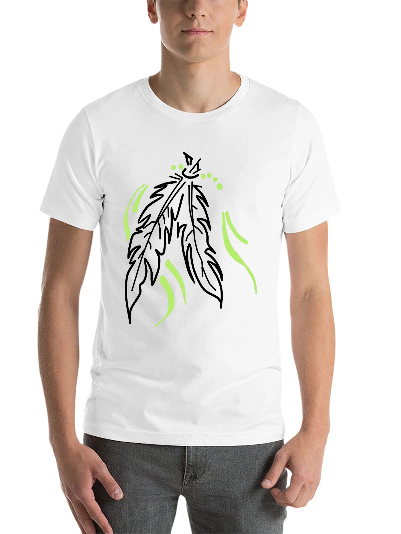 Black Men's Black T-Shirt with Feather Graphic Design view 14