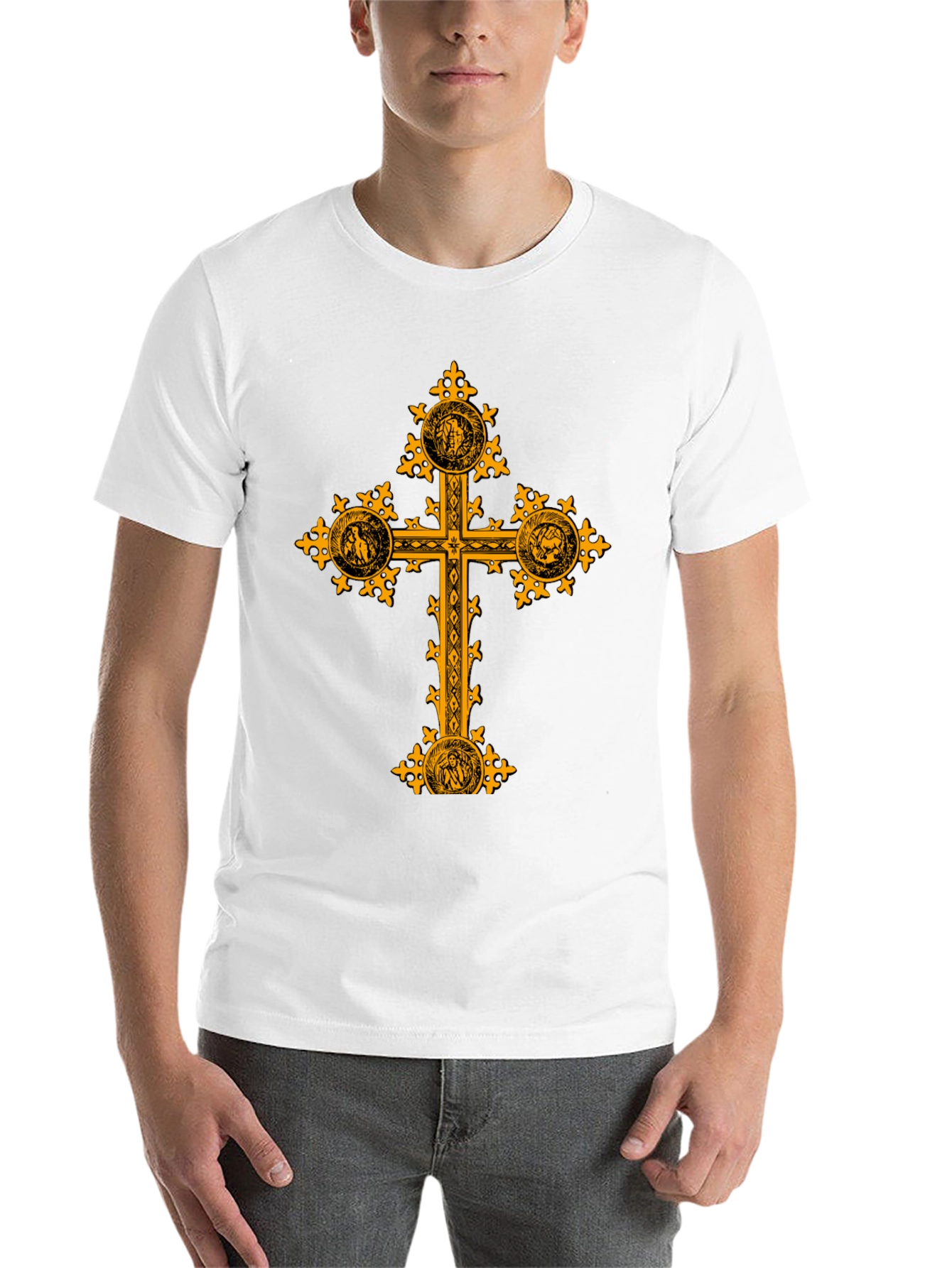 Black Ornate Gold Cross Graphic Print Black T-Shirt view 14