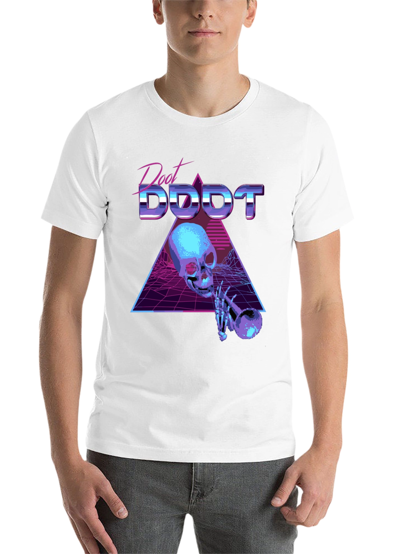 Black Synthwave Skeleton Trumpet Graphic Tee view 14