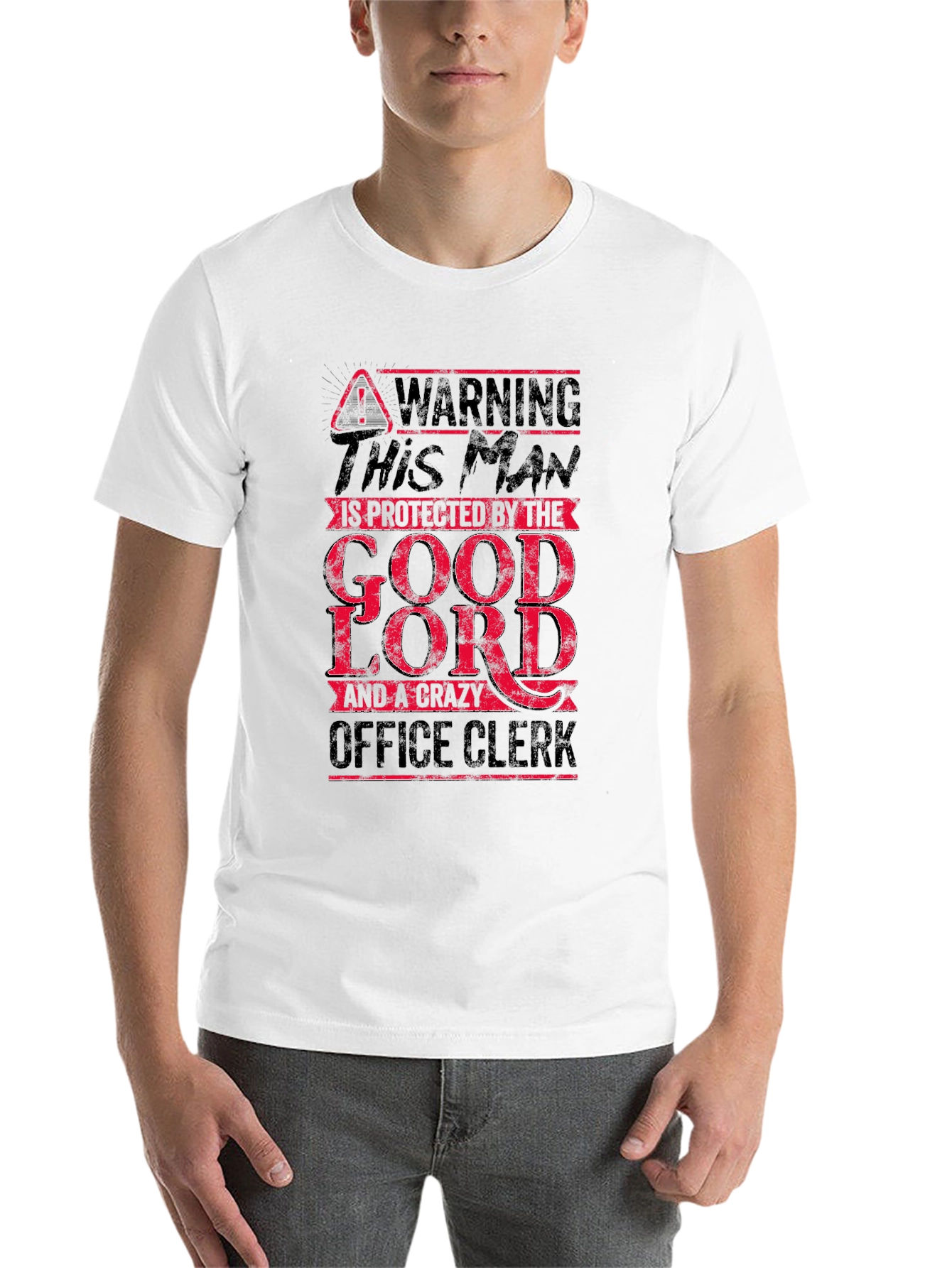 Black Warning Man Protected by God Lord & Crazy Office Clerk T-Shirt view 14