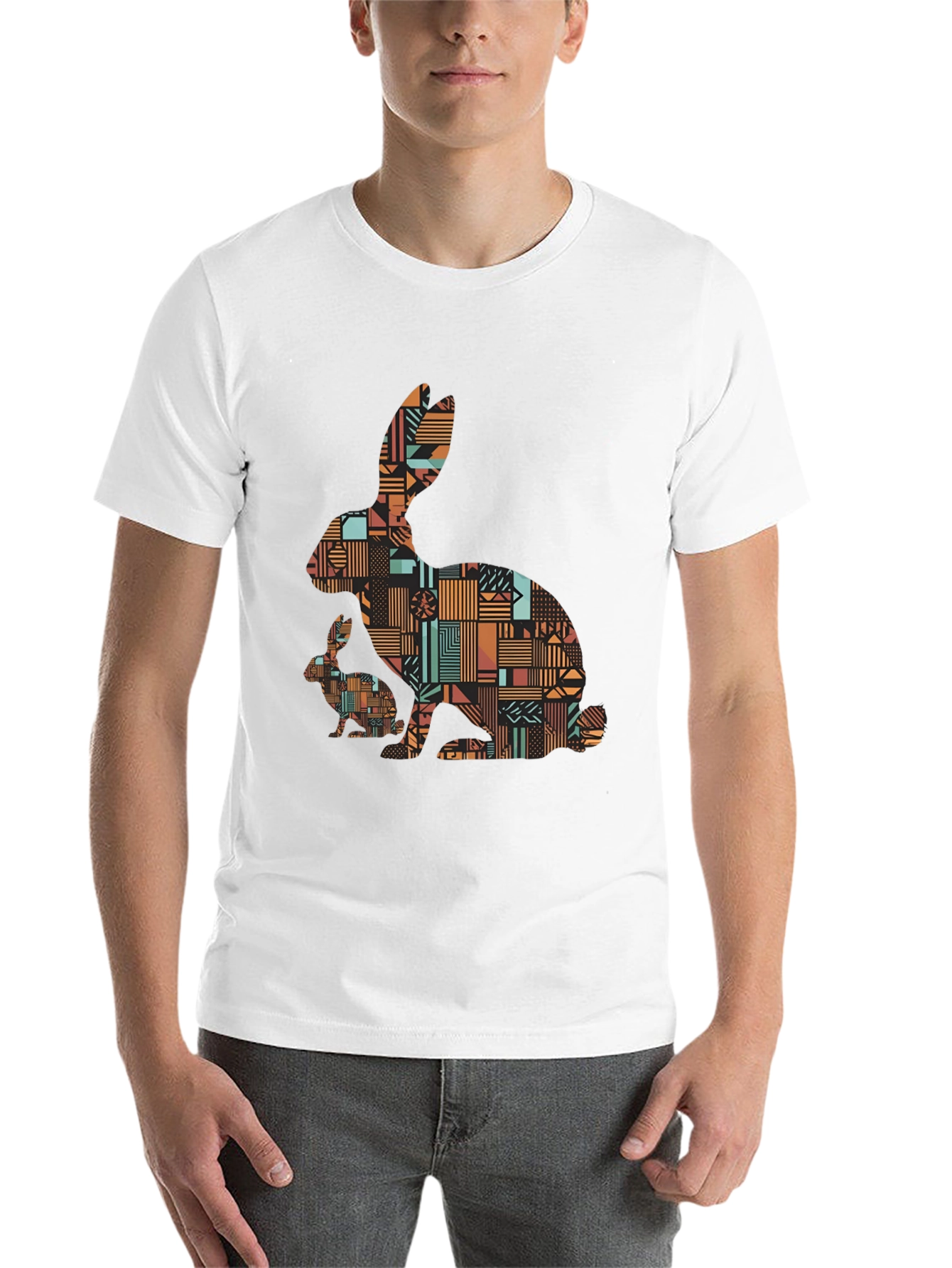 Black Geometric Rabbit Print Black T-Shirt view 14