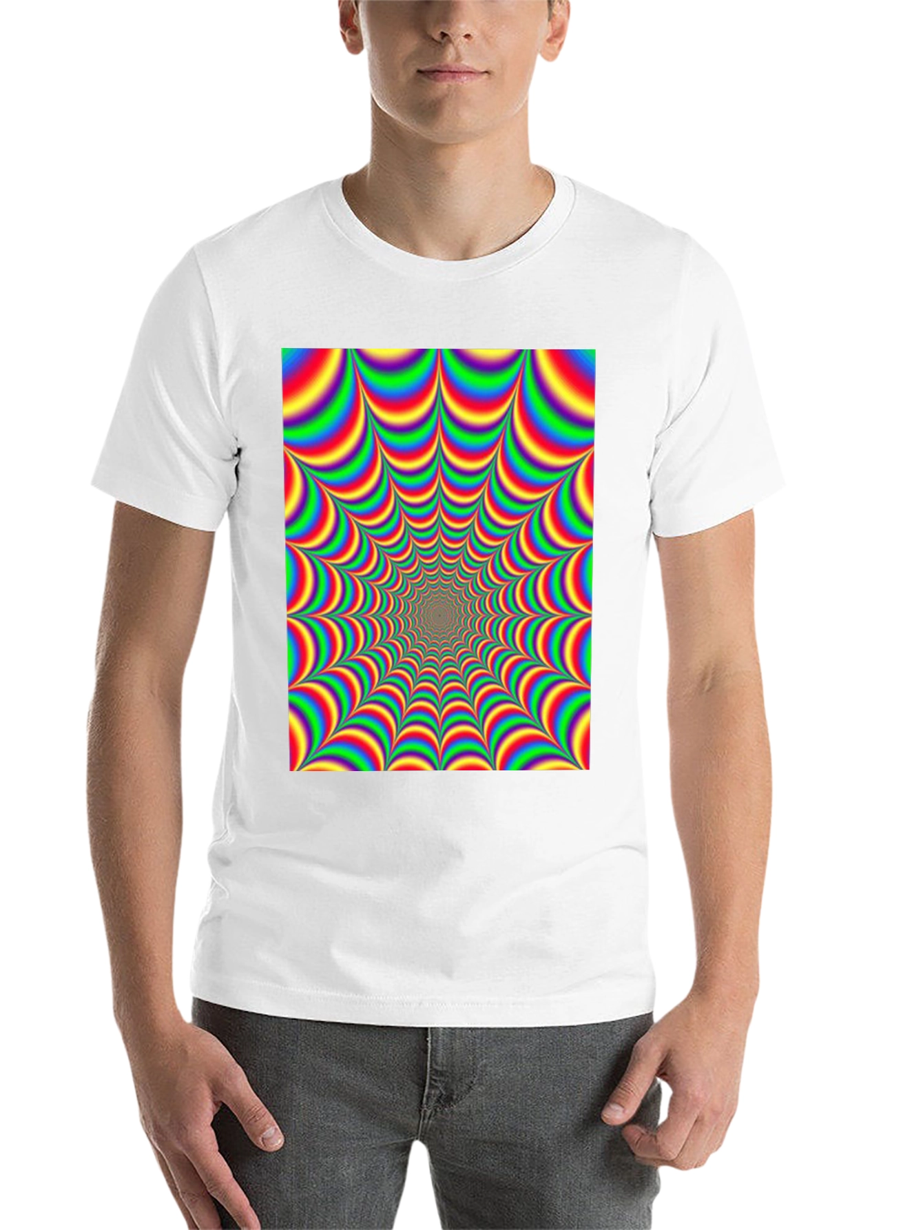Black Optical Illusion T-Shirt - Hypnotic Rainbow Design view 14