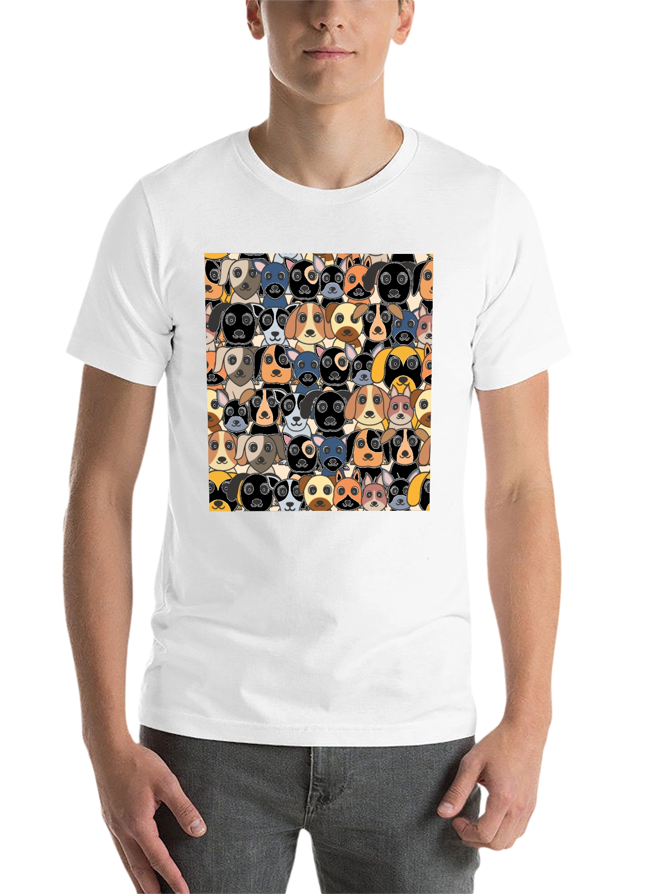 Black Cartoon Dog Faces Pattern T-Shirt view 14