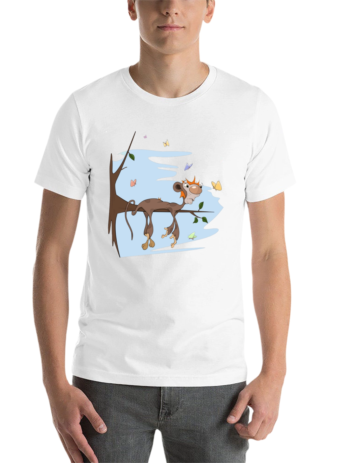 Black Cartoon Monkey Relaxing on Branch Black Tee view 14