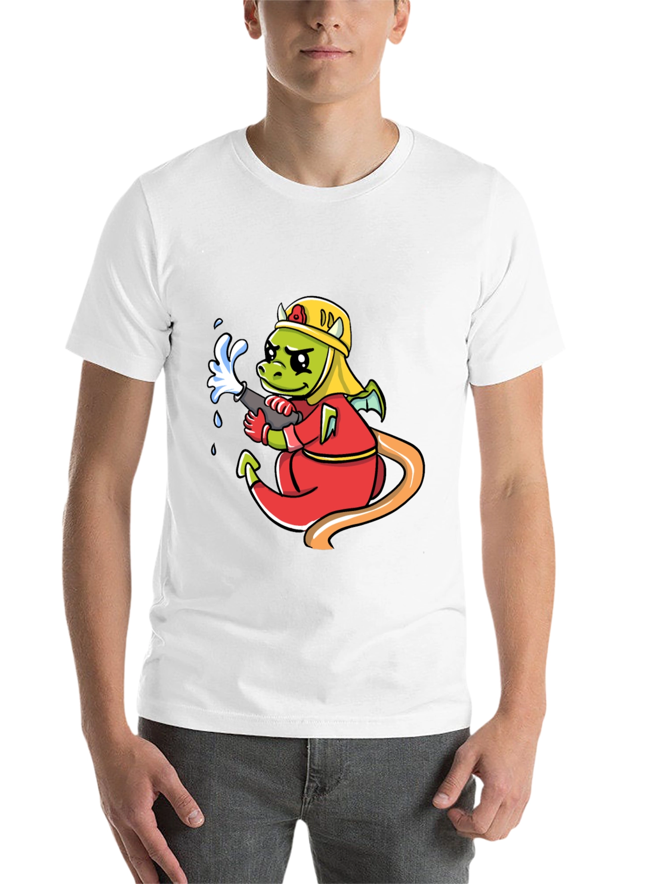 Black Cartoon Dragon Firefighter Graphic T-Shirt view 14