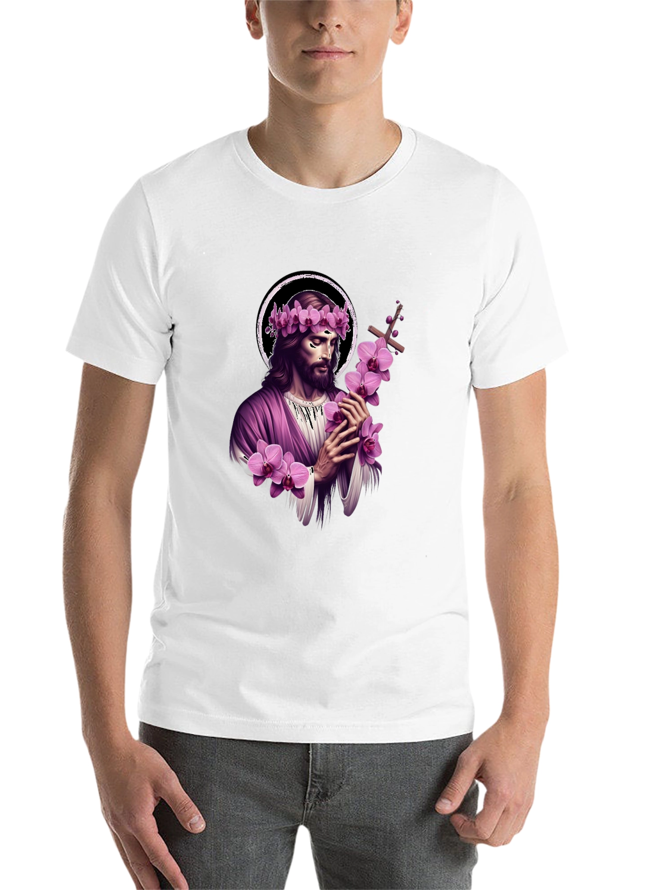 Black Jesus with Flowers Graphic T-Shirt - Soft Black Cotton Blend view 14