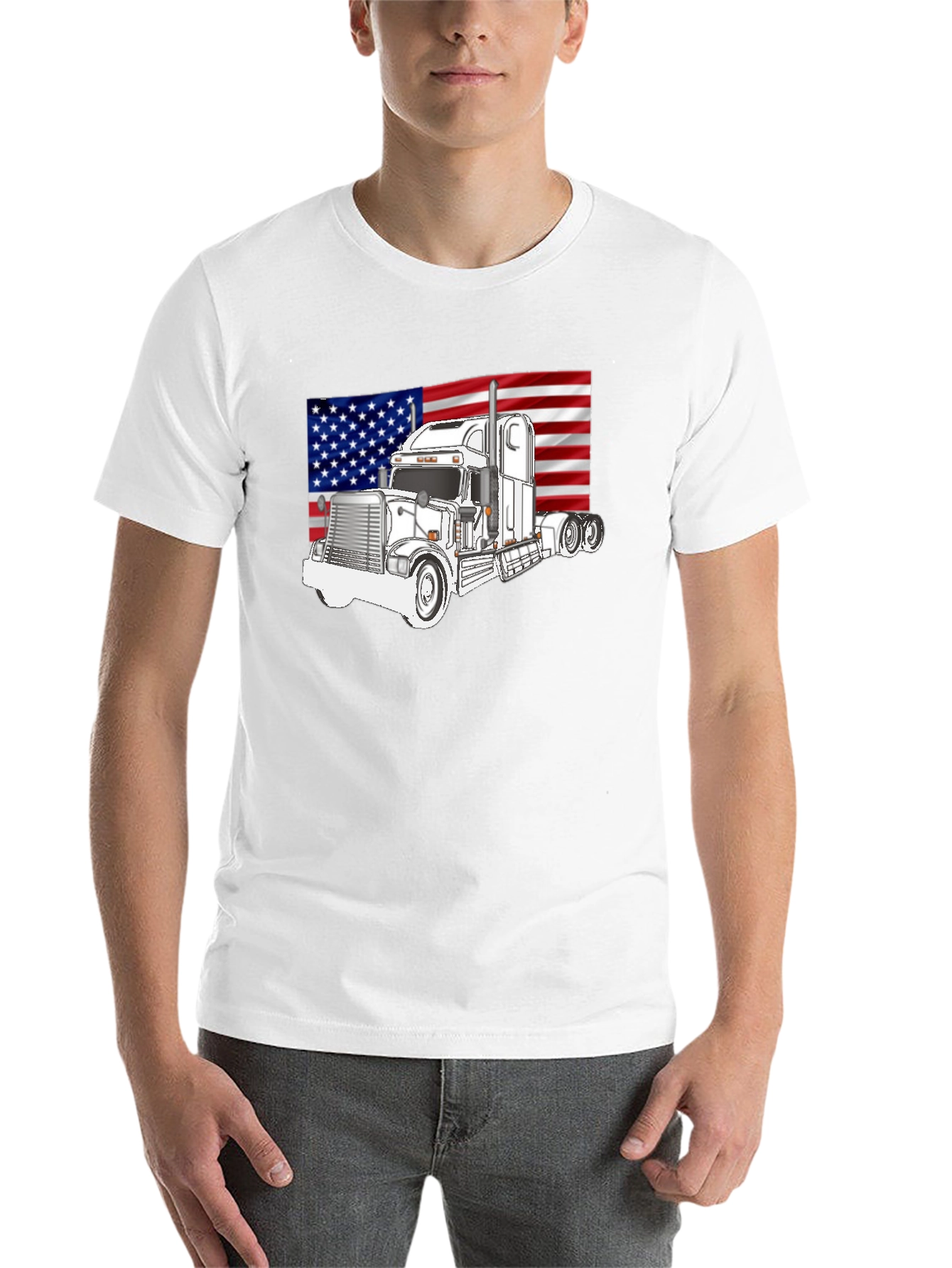 Black Trucker Pride Tee: American Flag Semi Truck Graphic T-Shirt view 14