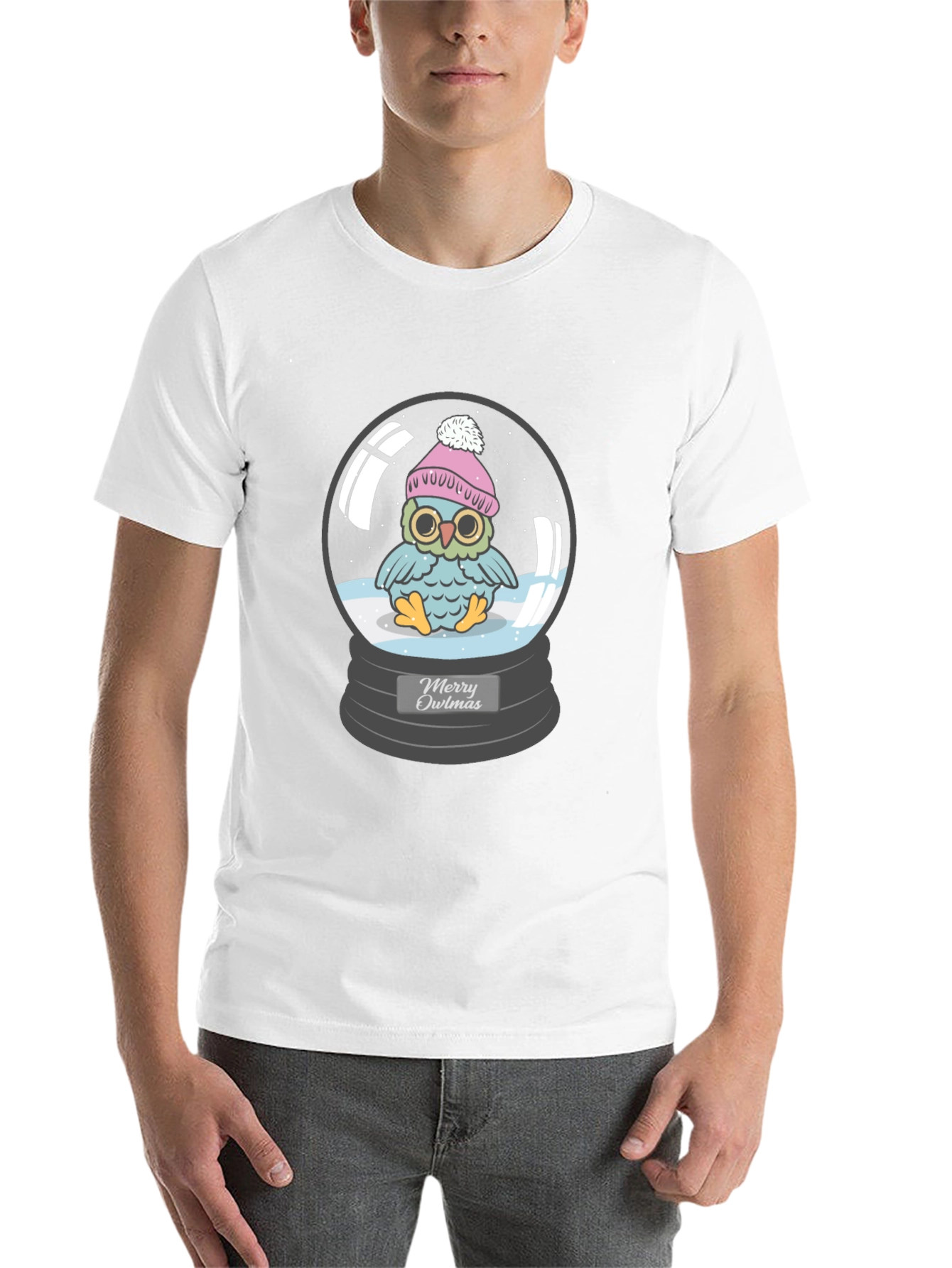 Black Merry Owlmas T-Shirt - Holiday Owl in Snow Globe view 14