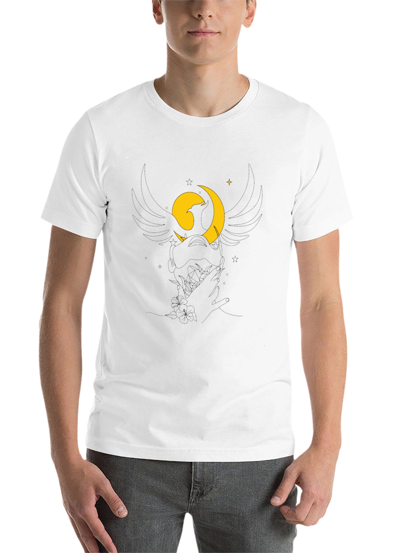 Black Black T-Shirt with Stylized Moon and Bird Graphic view 14