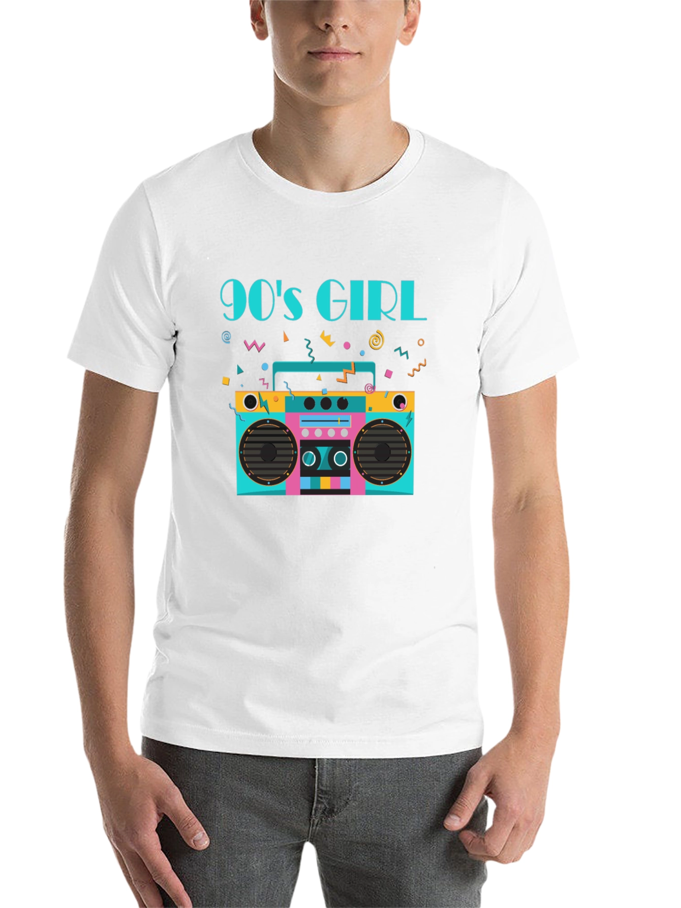 Black 90s Girl Graphic Tee - Retro Boombox Design Black T-Shirt view 14