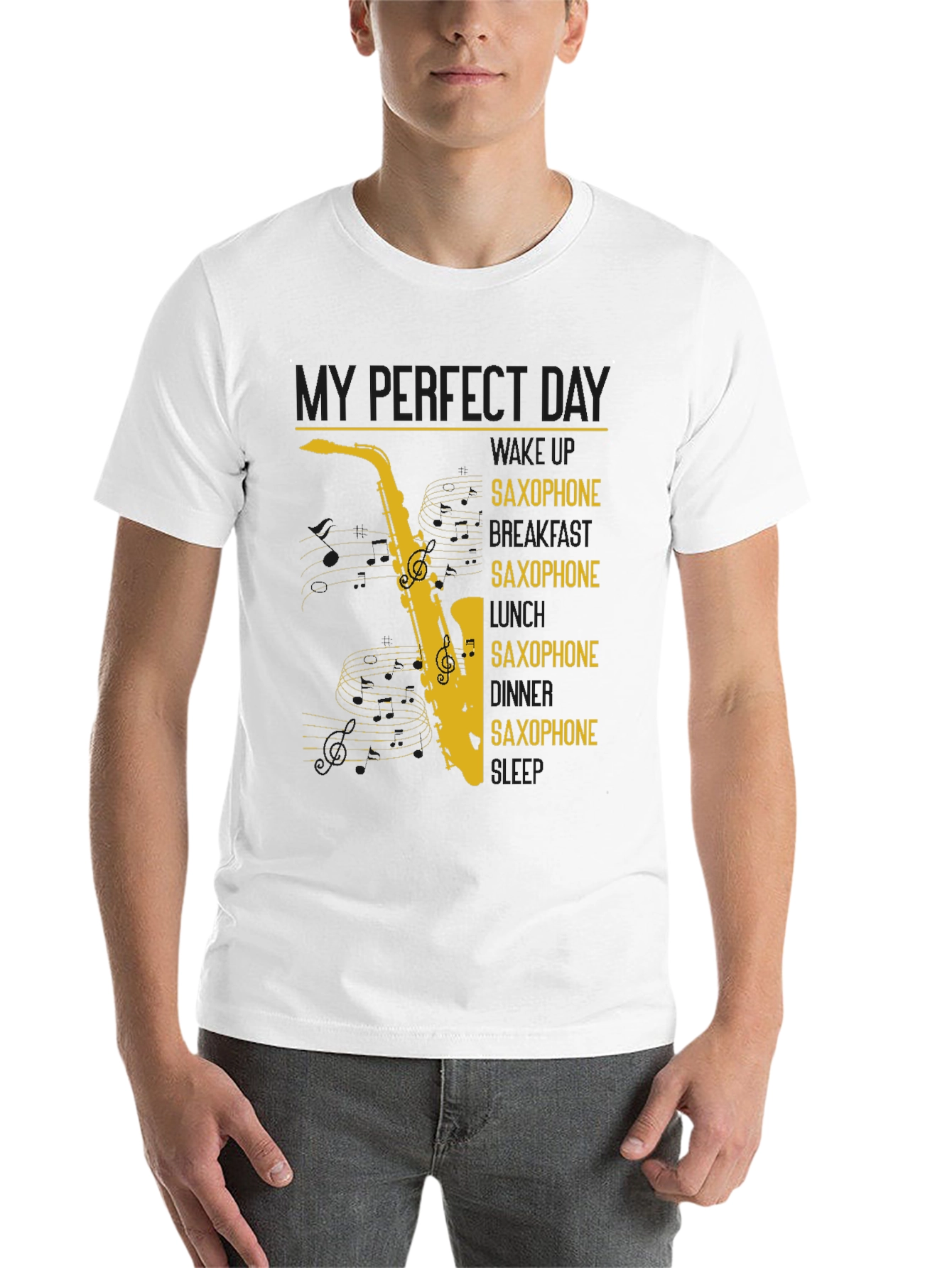 Black Saxophone Lover Graphic T-Shirt - Perfect Day Design view 14