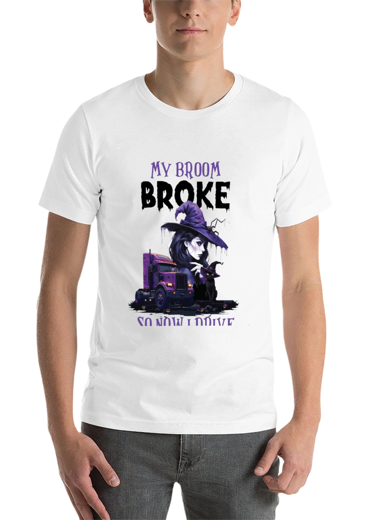 Black My Broom Broke Trucker T-Shirt view 14