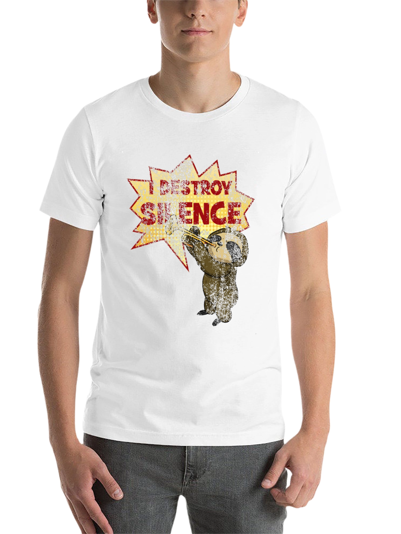 Black I Destroy Silence T-Shirt Funny Sloth Trumpet Tee view 14