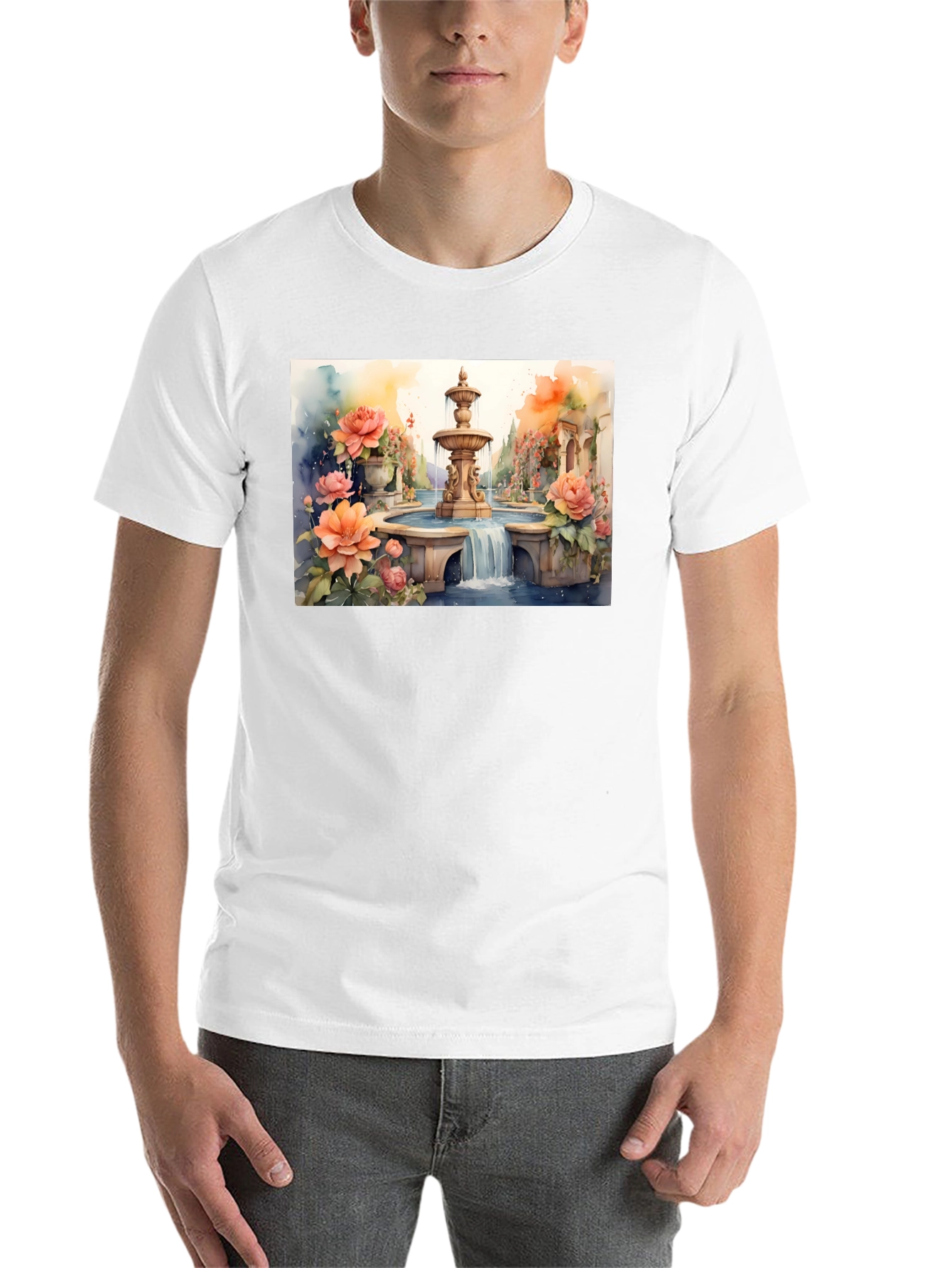 Black Floral Fountain Watercolor Art T-Shirt view 14