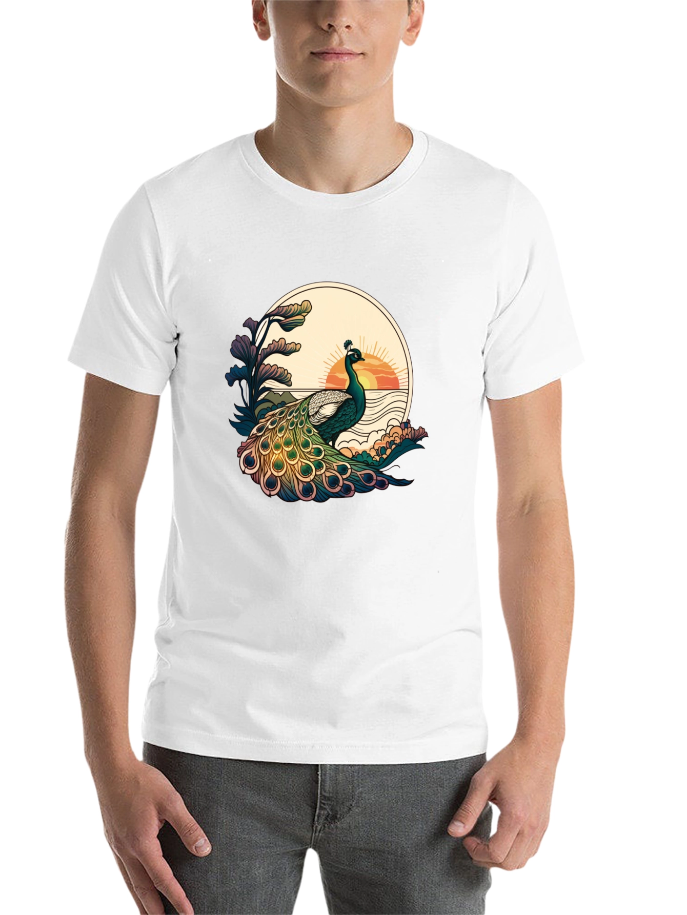 Black Peacock Sunset Graphic Tee - Stylish Black T-Shirt view 14