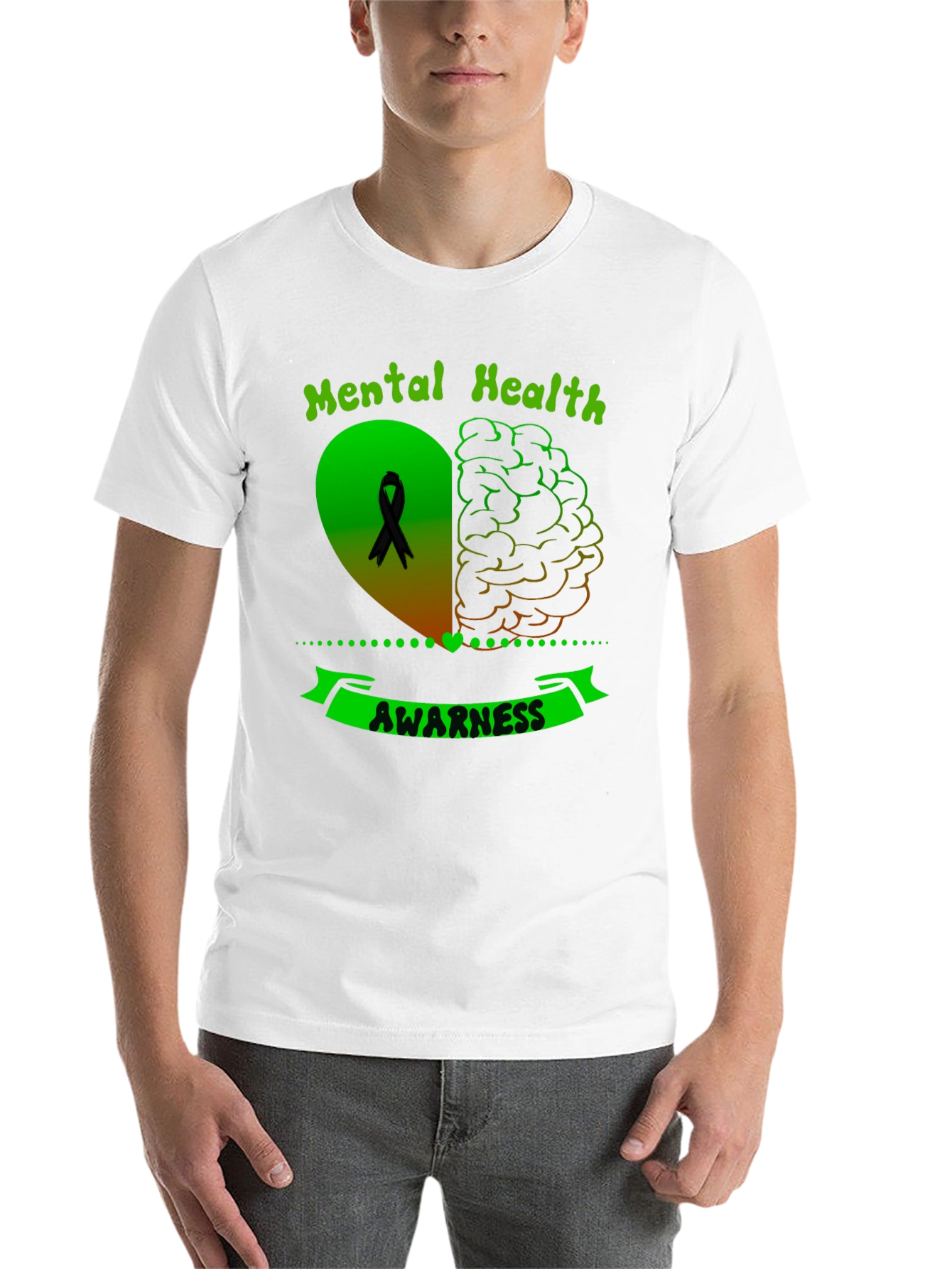 Black Mental Health Awareness Ribbon Heart Brain T-Shirt view 14