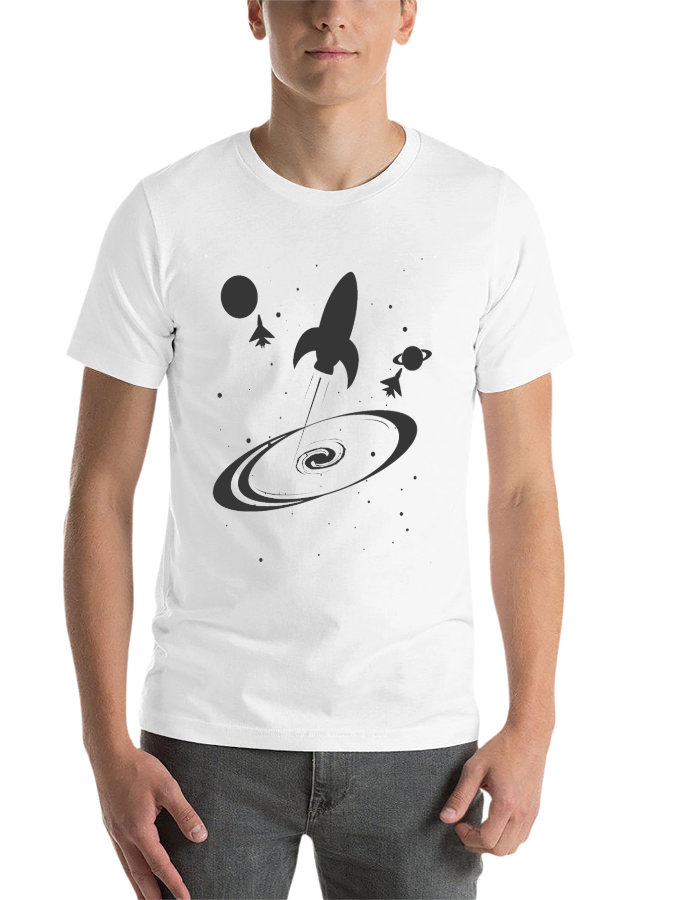 Black Space Rocket Galaxy Graphic Tee - Black Cotton Casual Shirt view 14