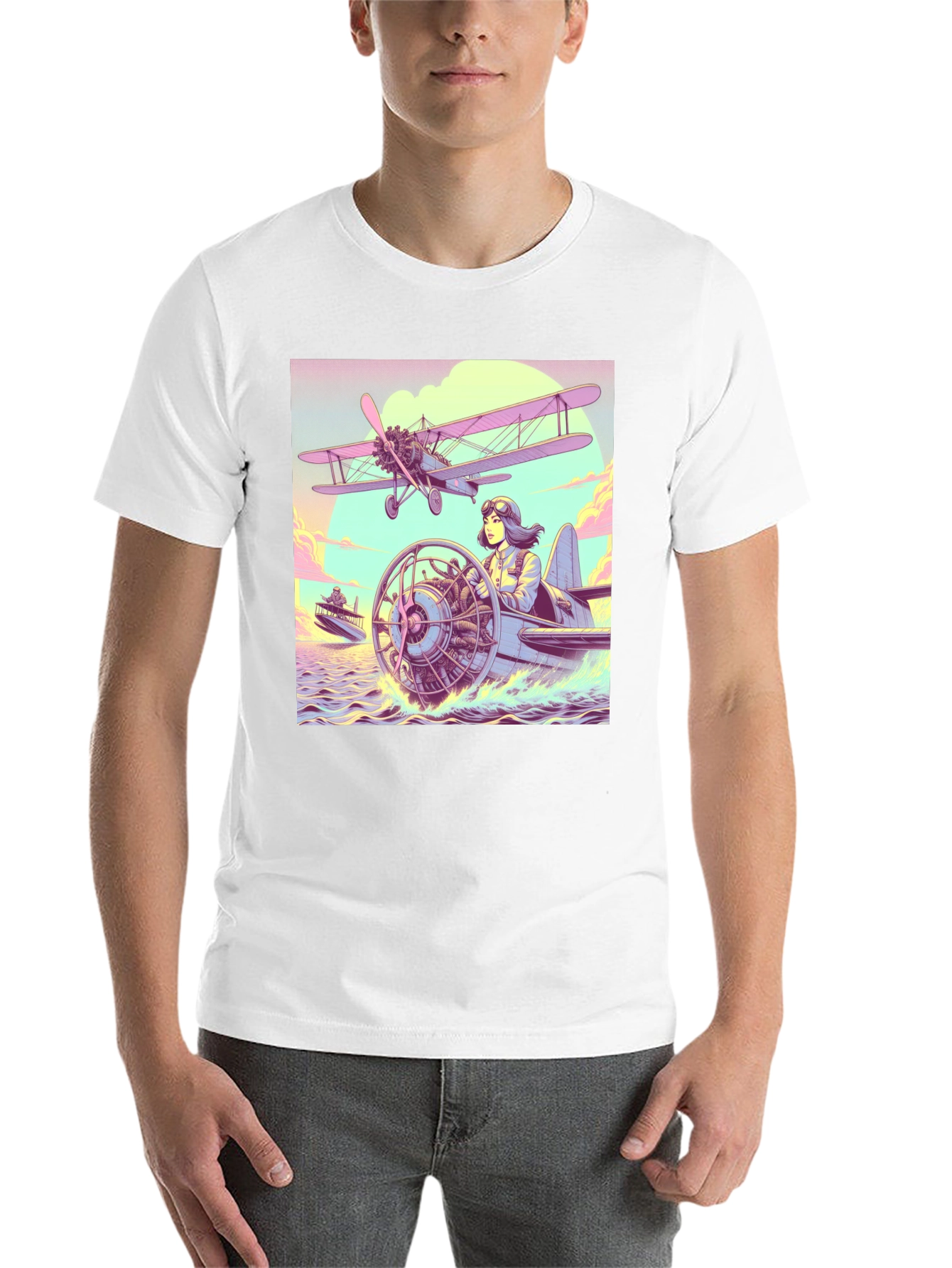 Black Retro Aviation T-Shirt - Pilot in Seaplane Design view 14