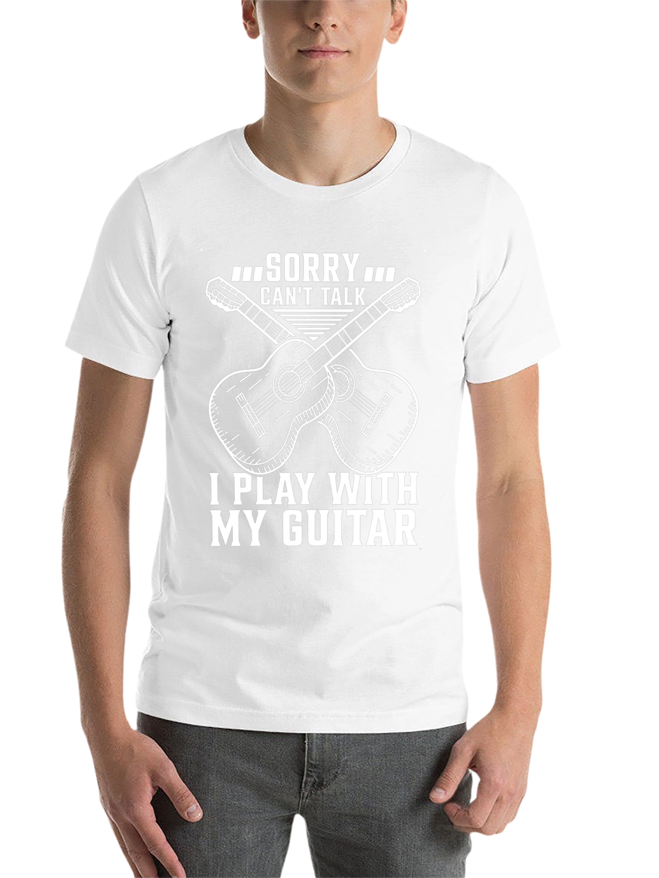 Black Guitar Player T-Shirt: Sorry, Can't Talk view 14