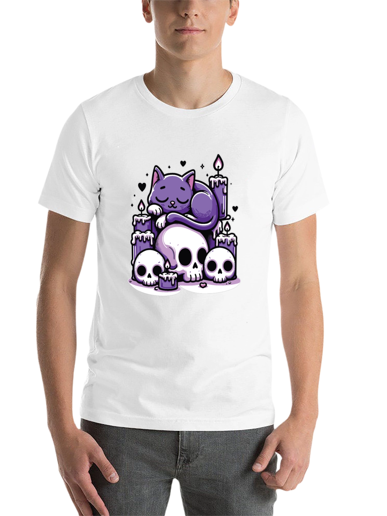 Black Gothic Cat Skull Candle Graphic Tee view 14
