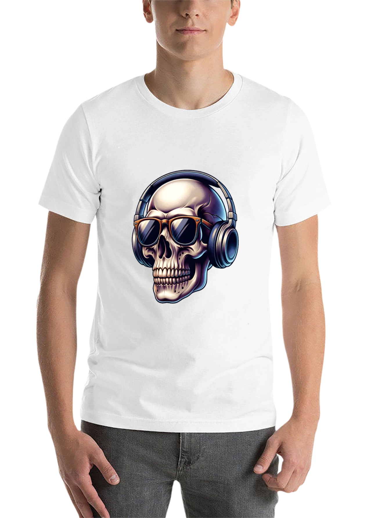 Black Skull with Headphones Graphic T-Shirt - Cool Design view 14