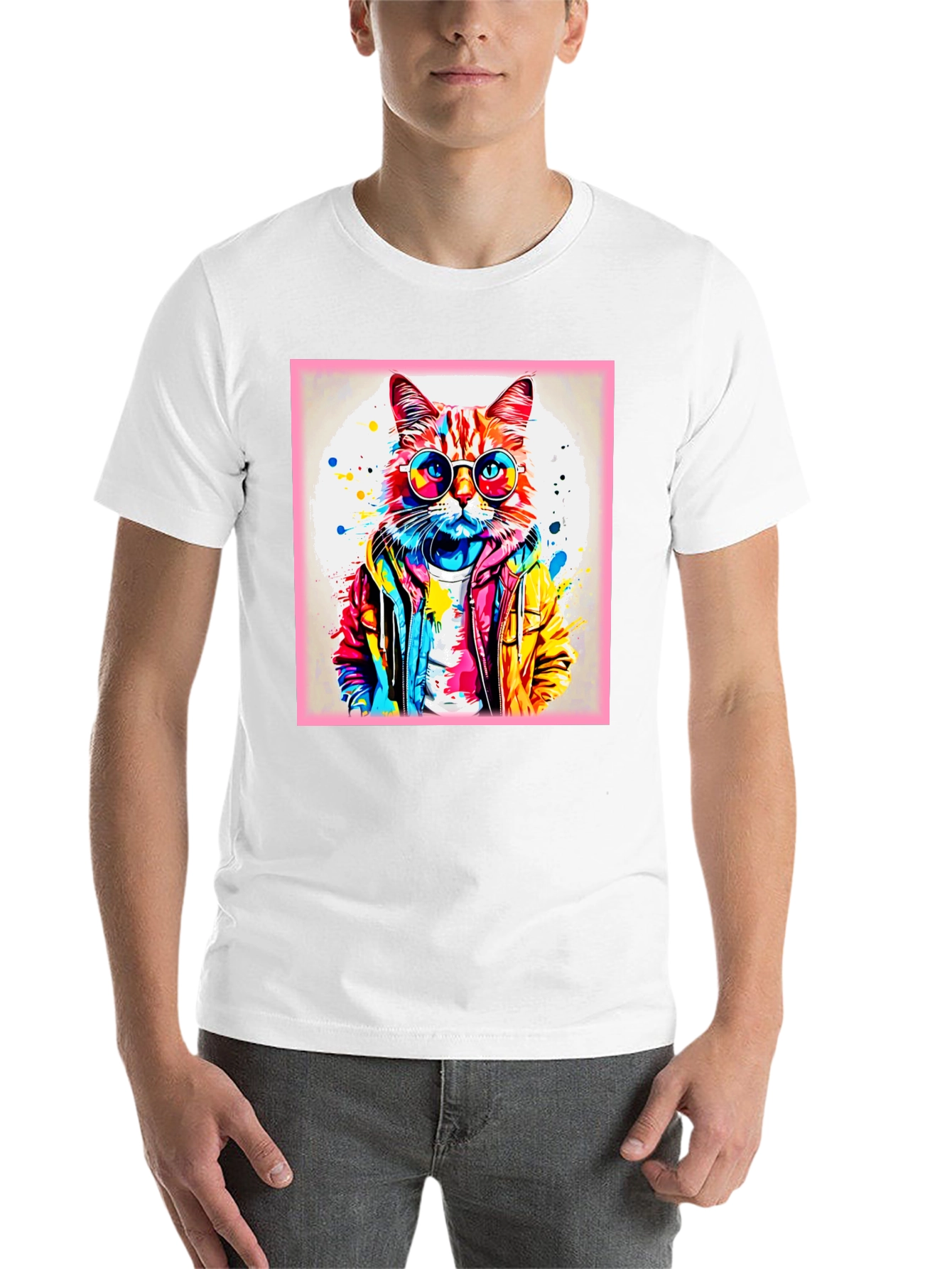 Black Cool Cat Graphic Tee - Colorful Art Design view 14