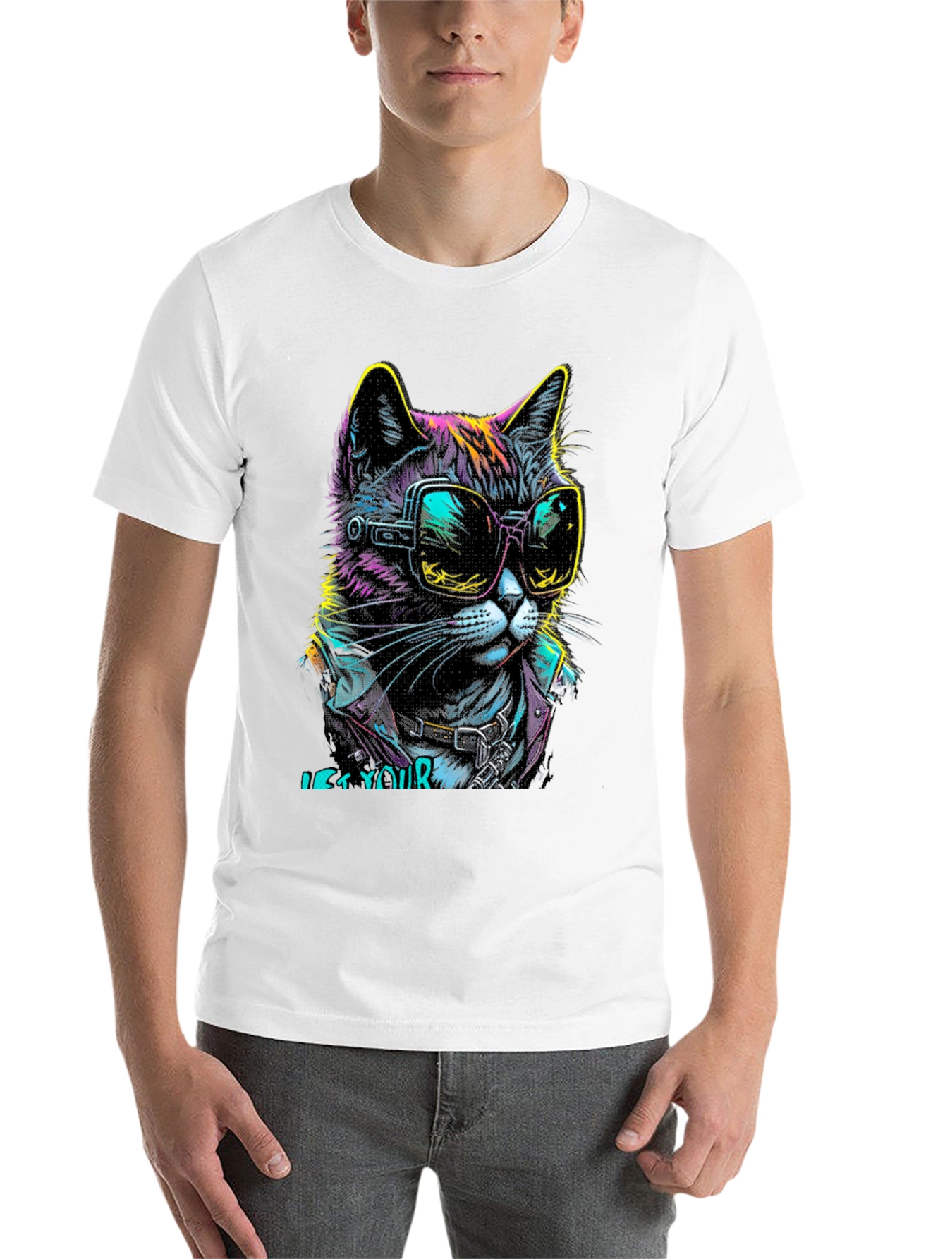 Black Cool Cat Graphic T-Shirt - Unique Neon Design view 14
